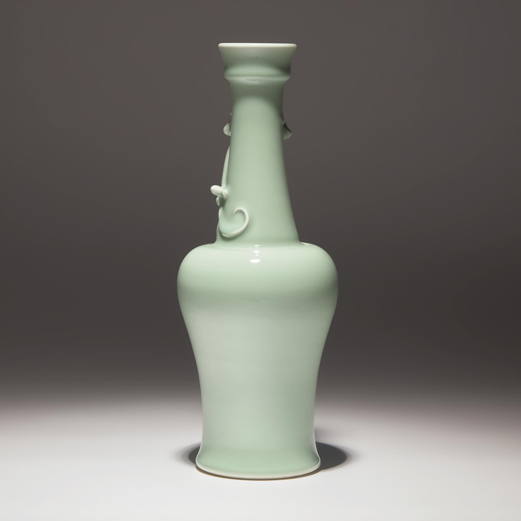 A Chinese Celadon Glazed 'Chilong' Vase, Yongzheng Mark — 雍正款 粉青釉盤螭龍長頸瓶