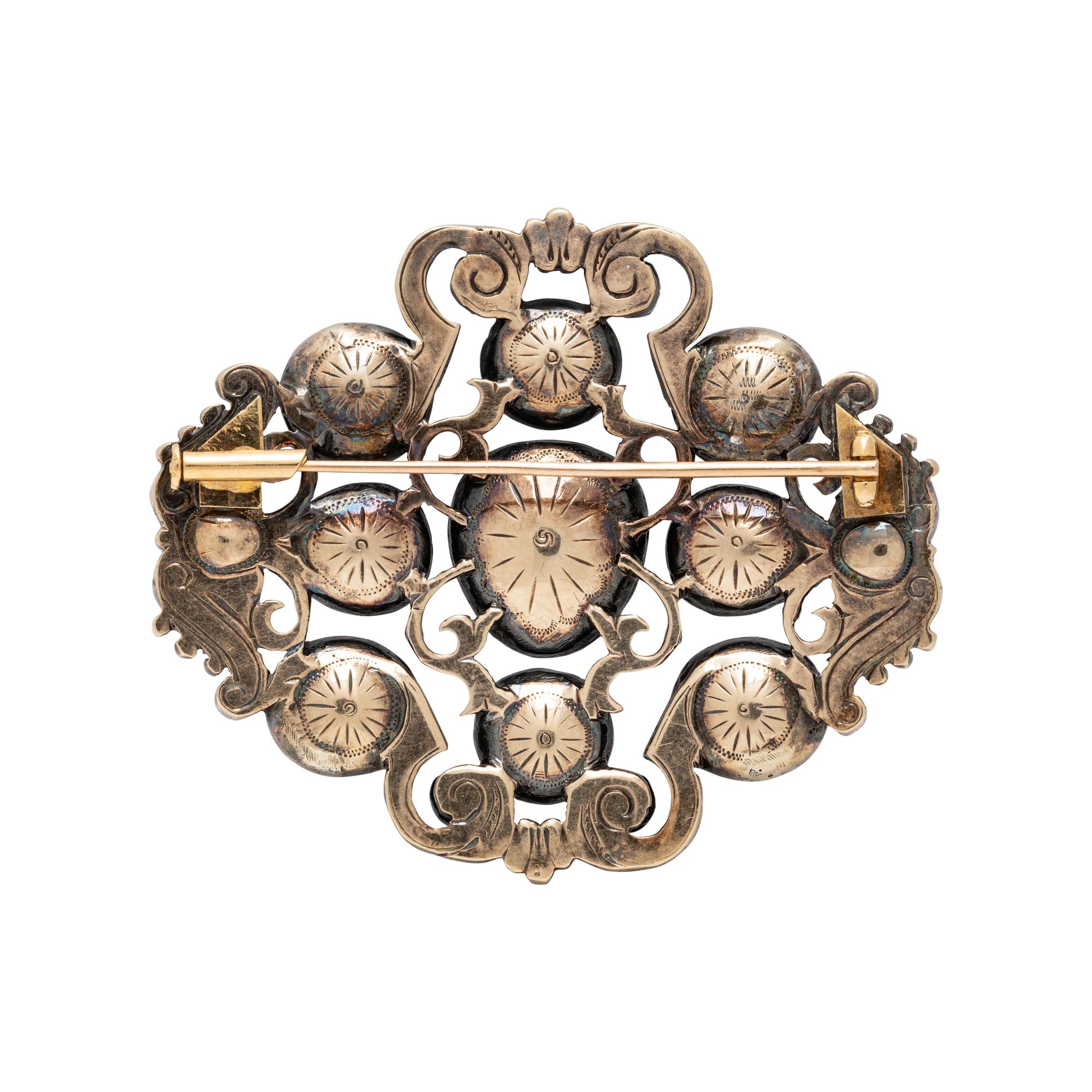 SILVER-TOPPED GOLD, DIAMOND AND ENAMEL BROOCH