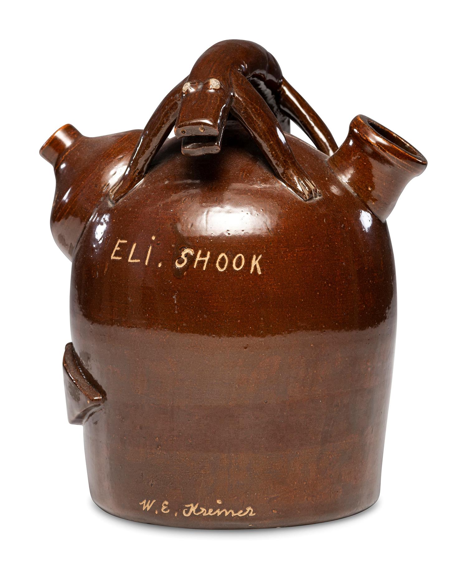 A Rare W.E. Kreiner Signed Harvest Jug with Lizard Handle