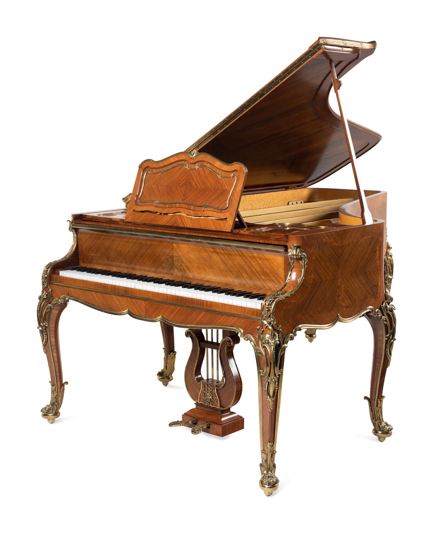 A Louis XV Style Gilt Bronze Mounted Kingwood, Bois Satiné, Mahogany and Marquetry Piano à Queue