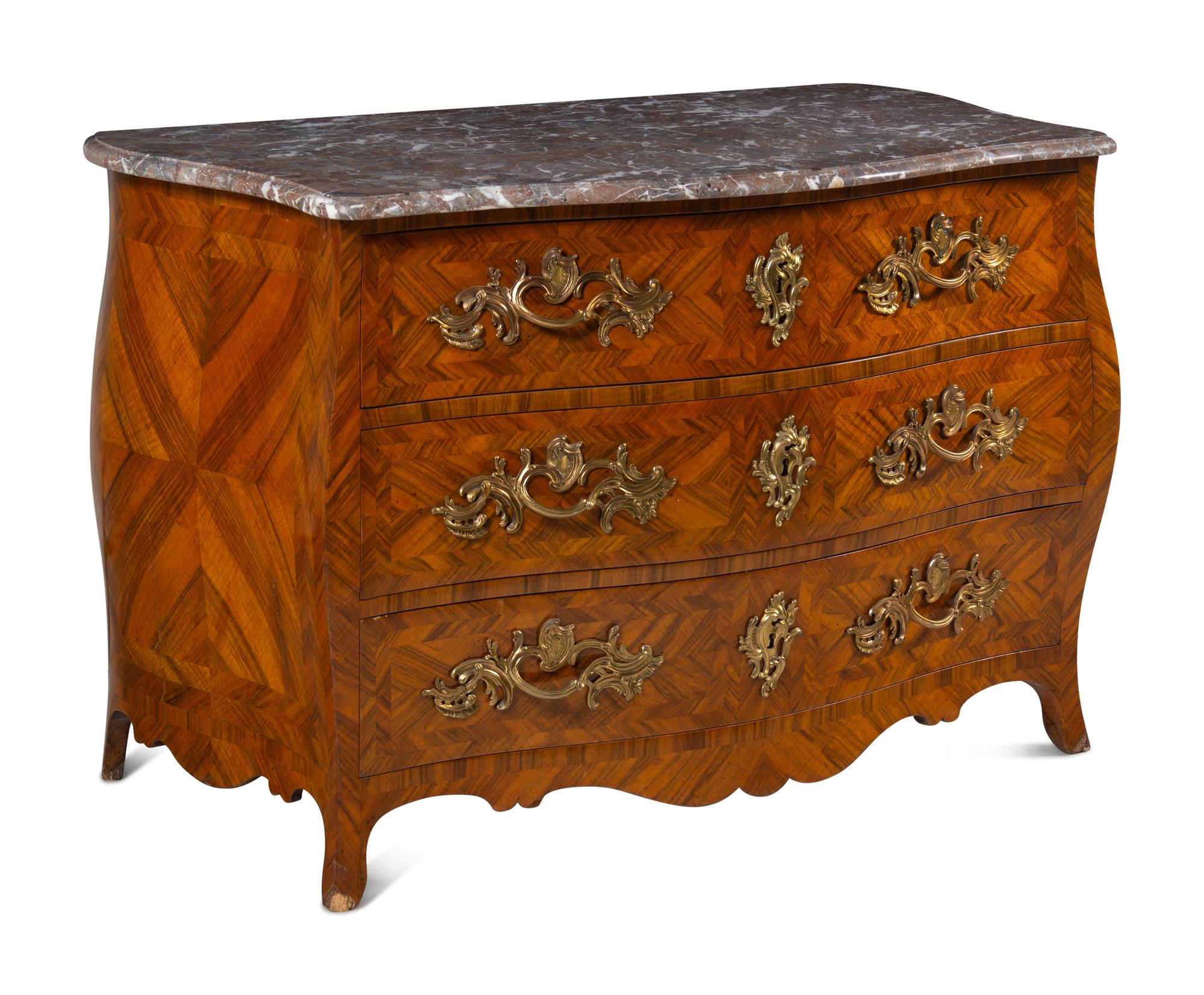 A Louis XV Gilt Bronze Mounted Parquetry Marble-Top Commode