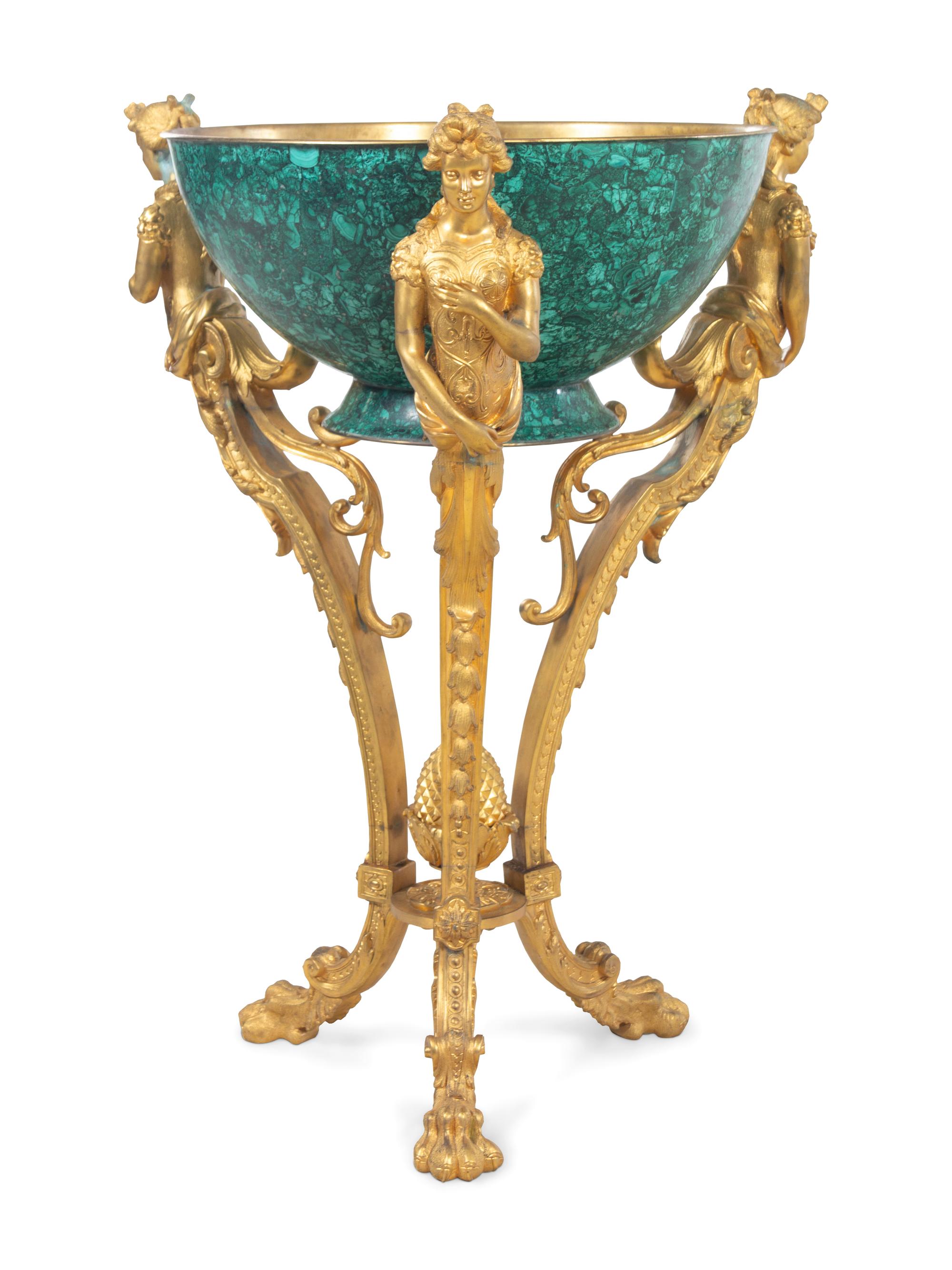 A Pair of Empire Style Gilt Bronze and Malachite Veneered Wine Coolers