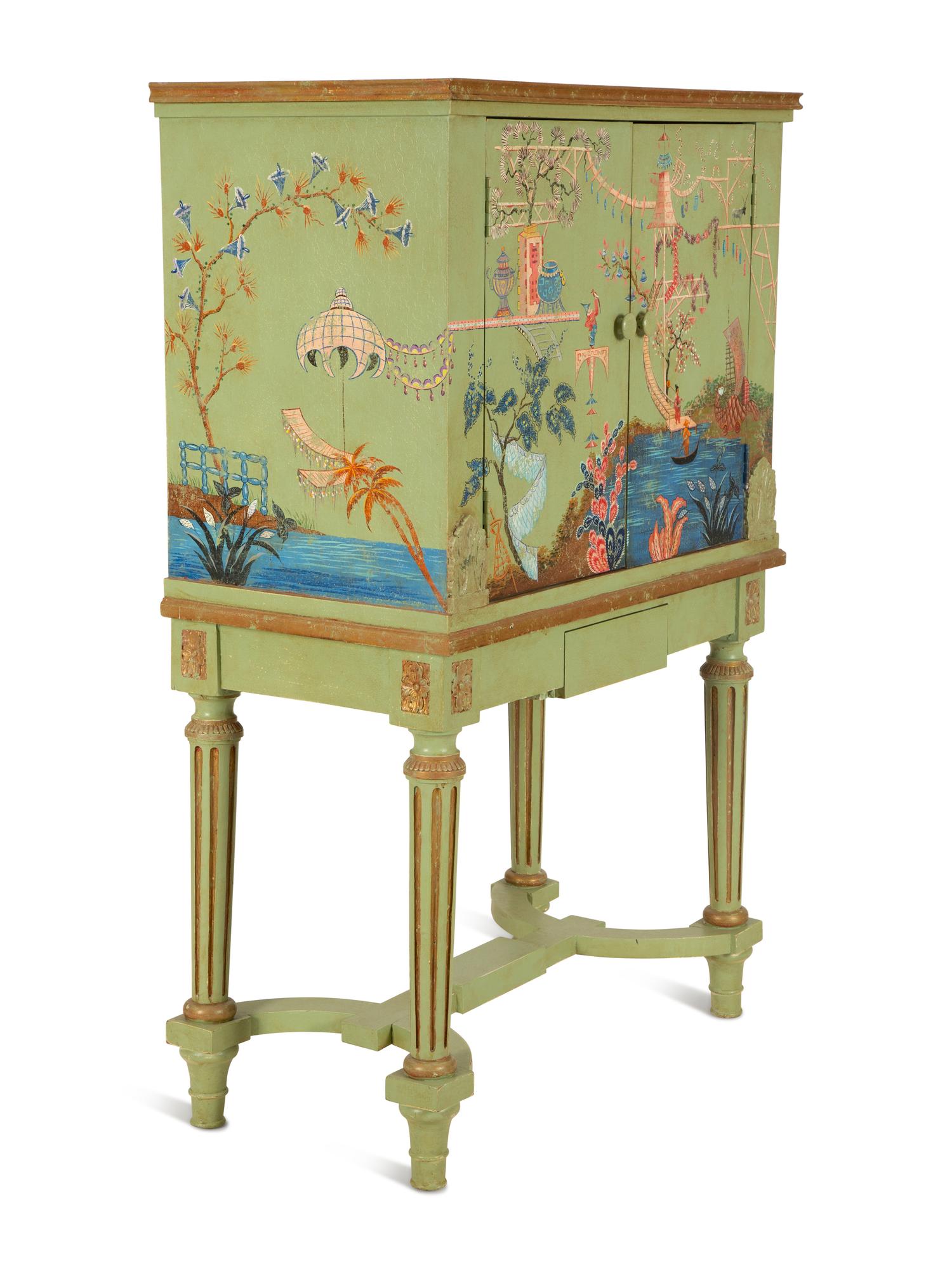A Louis XVI Style Painted and Parcel Gilt Chinoiserie Decorated Cabinet on Stand