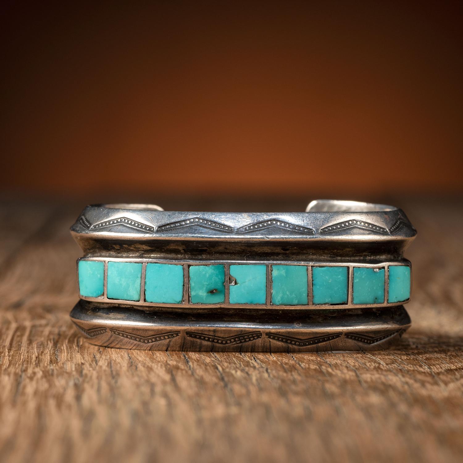 Zuni Silver and Channel Inlaid Turquoise Cuff Bracelet