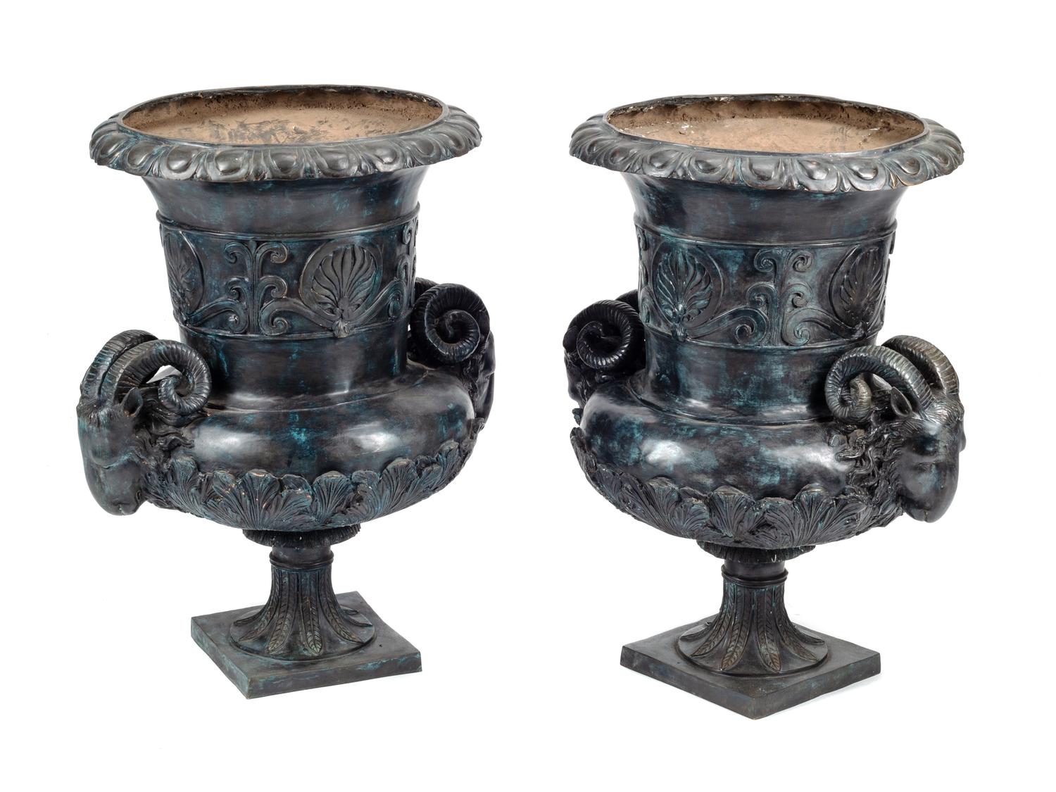 A Pair of Pompeiian Style Patinated Bronze Urns
