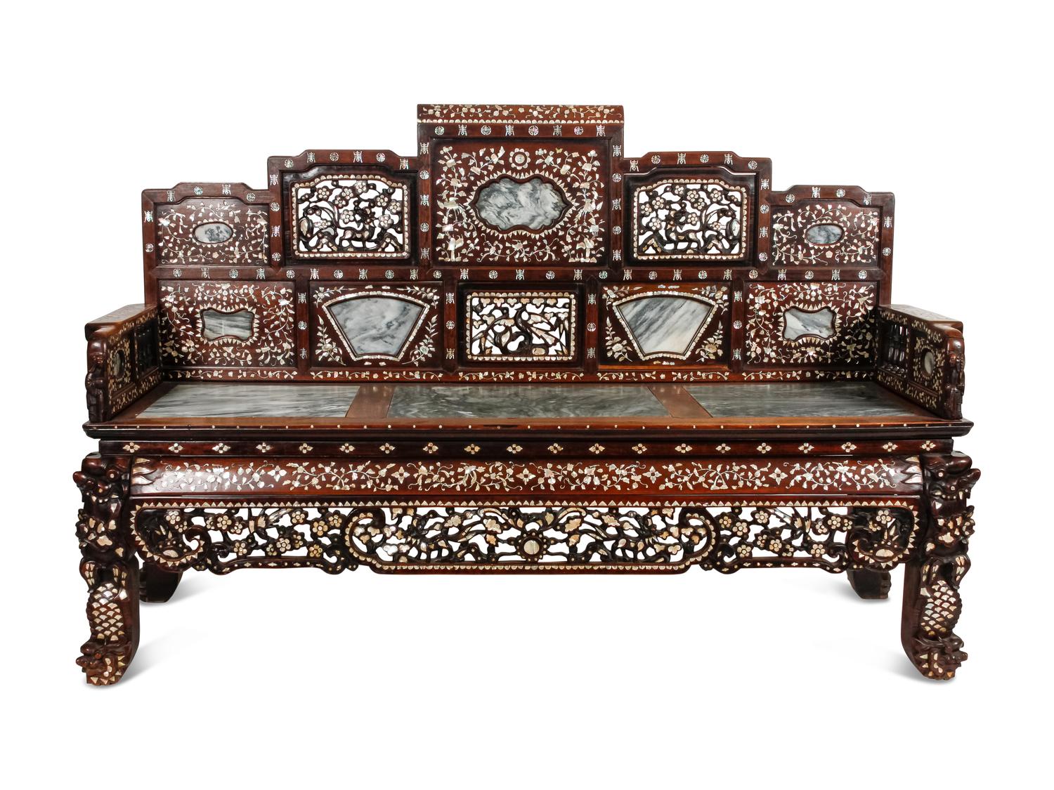 A Chinese Mother-of-Pearl Inlaid Rosewood Settee and a Low Table