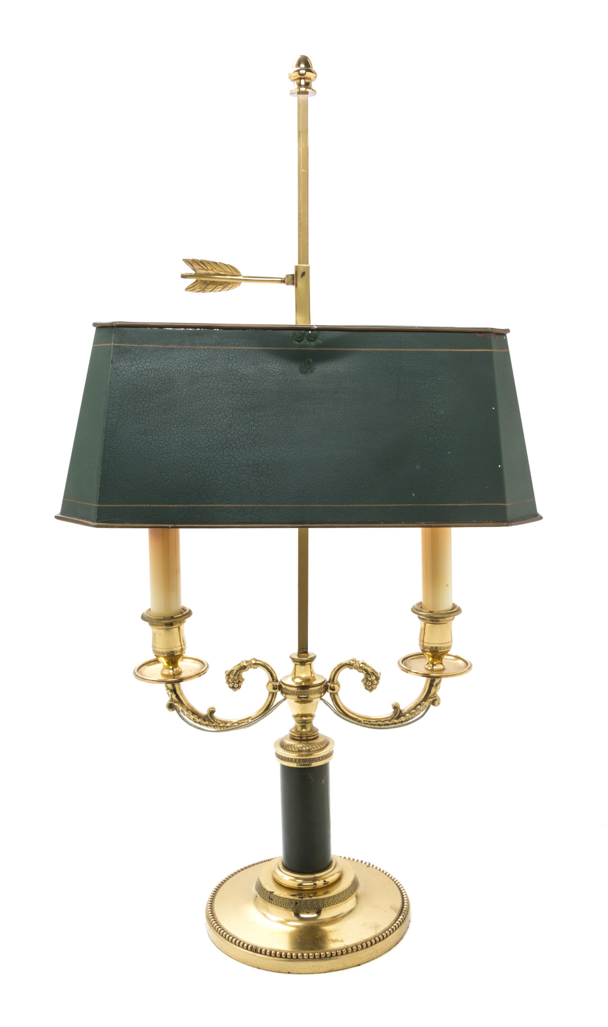 An Empire Style Gilt and Green Painted Metal Bouillotte Lamp Height 25 inches. — 19TH/20TH CENTURY