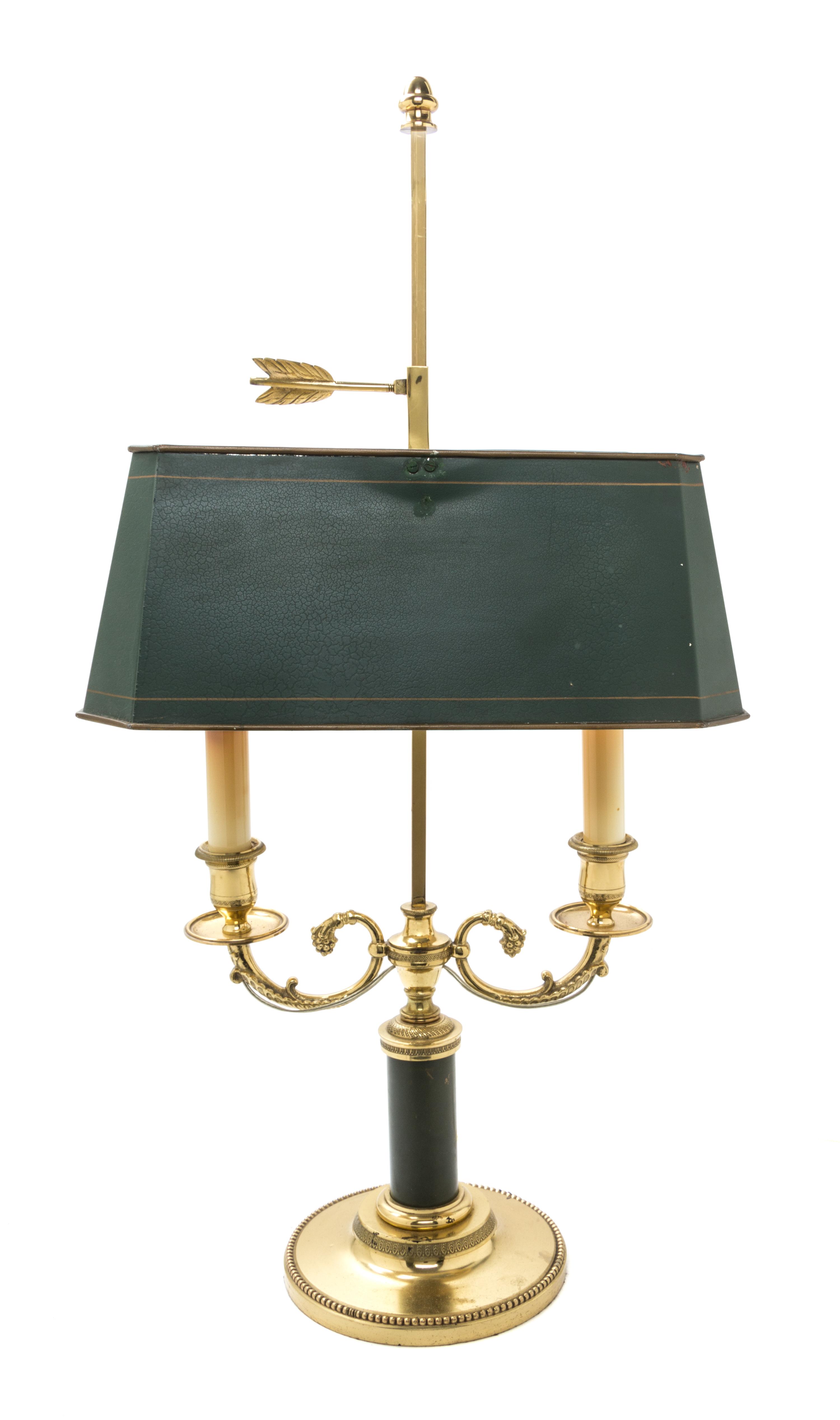 An Empire Style Gilt and Green Painted Metal Bouillotte Lamp Height 25 inches. — 19TH/20TH CENTURY