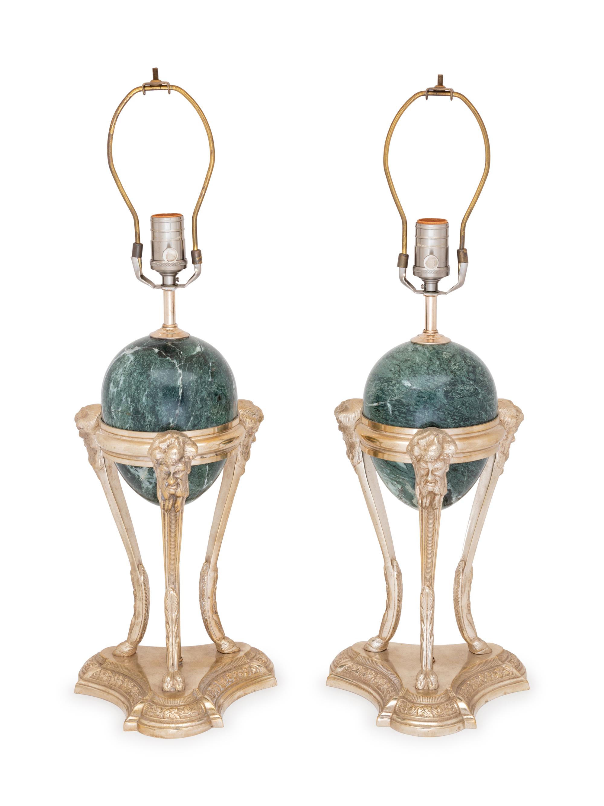 A Pair of Neoclassical Style Silvered Metal and Marble Lamps