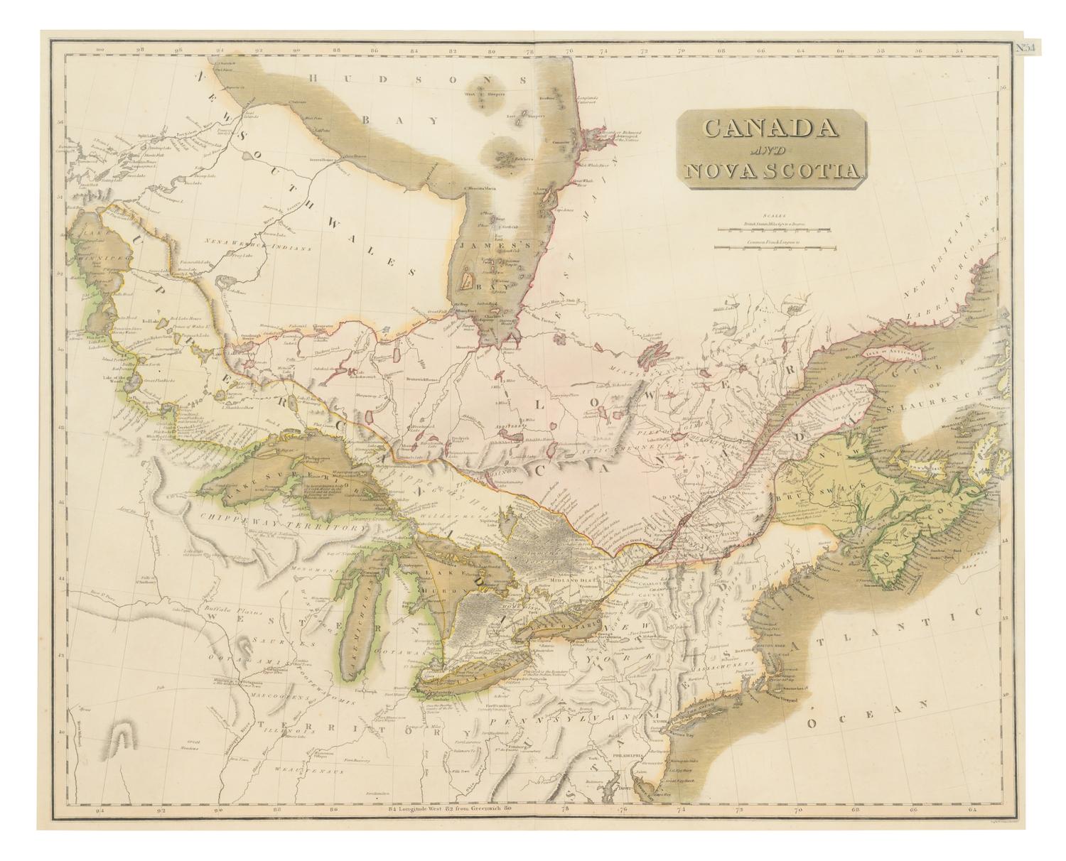 A Hand-Colored Engraving of a Map of Canada and Nova Scotia