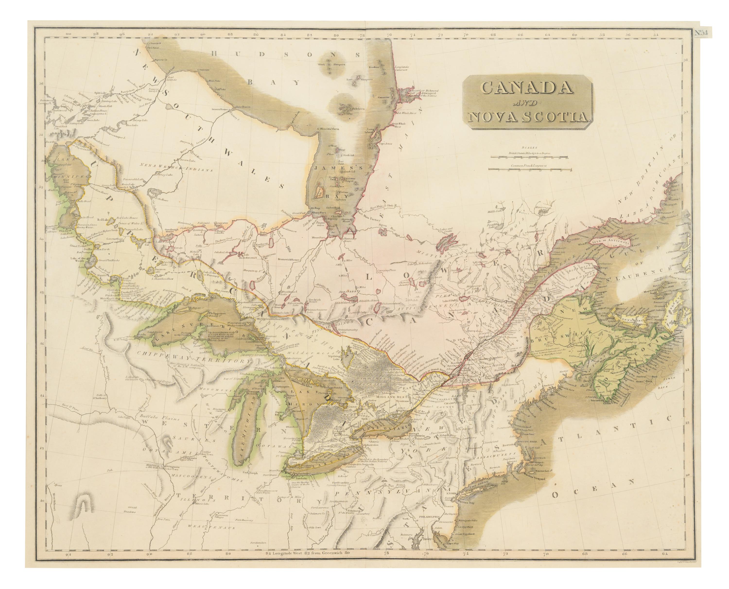 A Hand-Colored Engraving of a Map of Canada and Nova Scotia