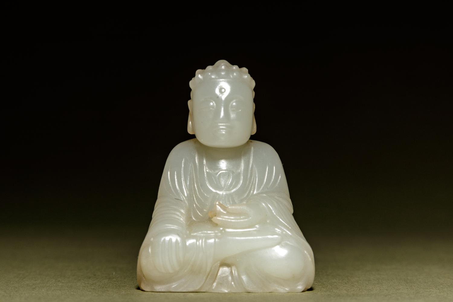 A White Jade Figure of Buddha with a Small Bronze Shrine