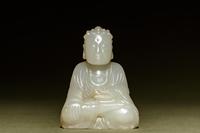 A White Jade Figure of Buddha with a Small Bronze Shrine