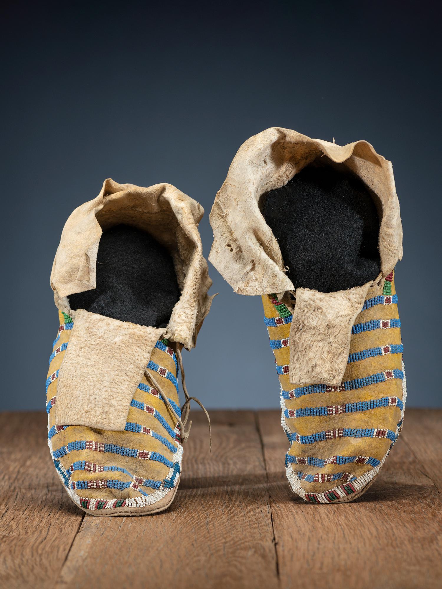 Northern Plains Beaded Hide Moccasins, with Recycled Parfleche Soles