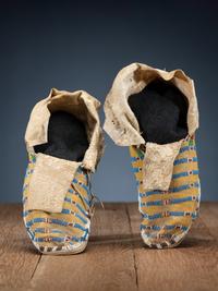 Northern Plains Beaded Hide Moccasins, with Recycled Parfleche Soles