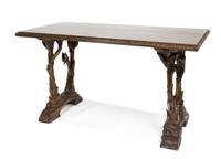 Two Black Forest Style Oak Tables Height 28 1/2 x width 55 x depth 28 inches. — MID-20TH CENTURY