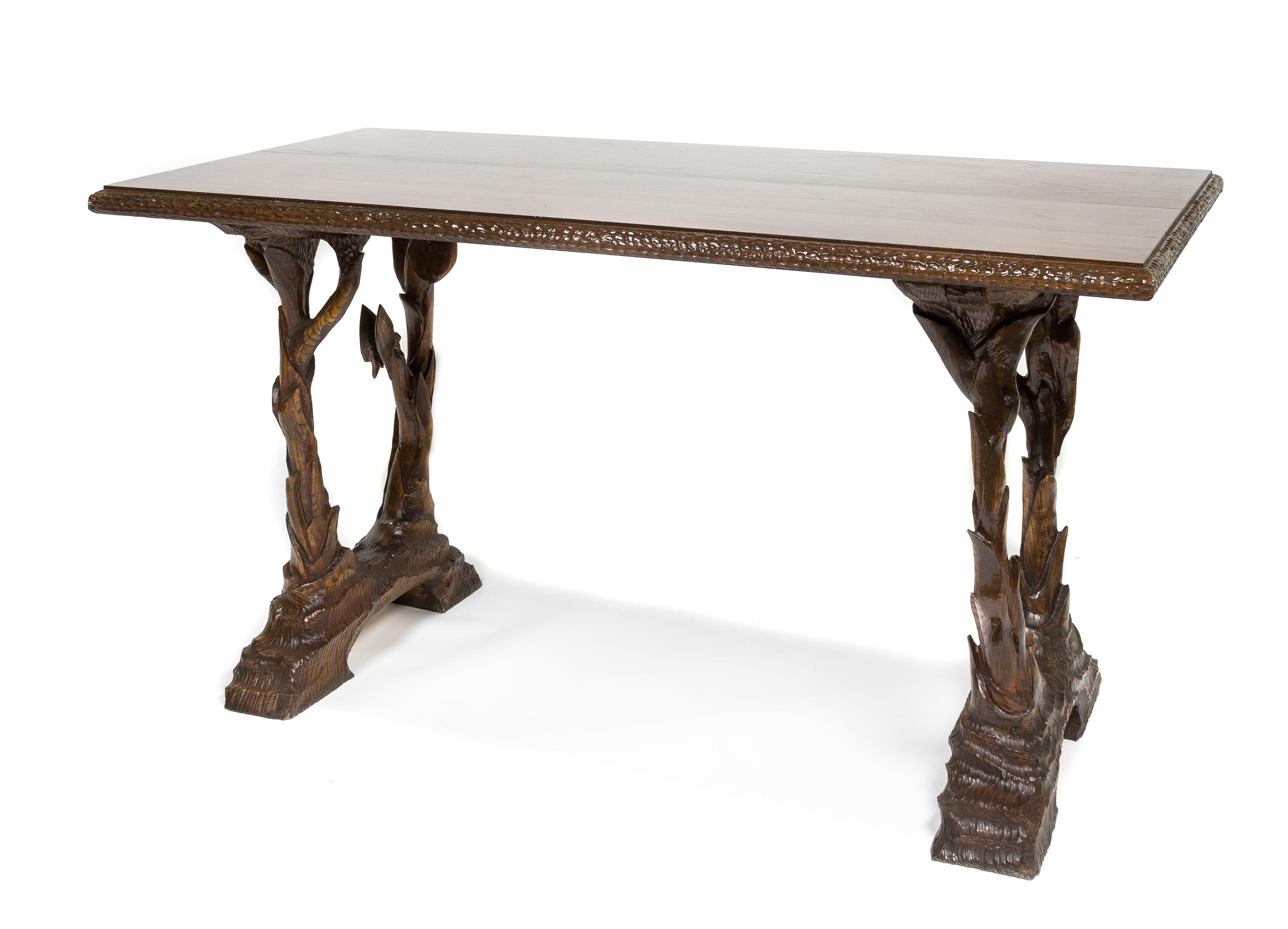 Two Black Forest Style Oak Tables Height 28 1/2 x width 55 x depth 28 inches. — MID-20TH CENTURY