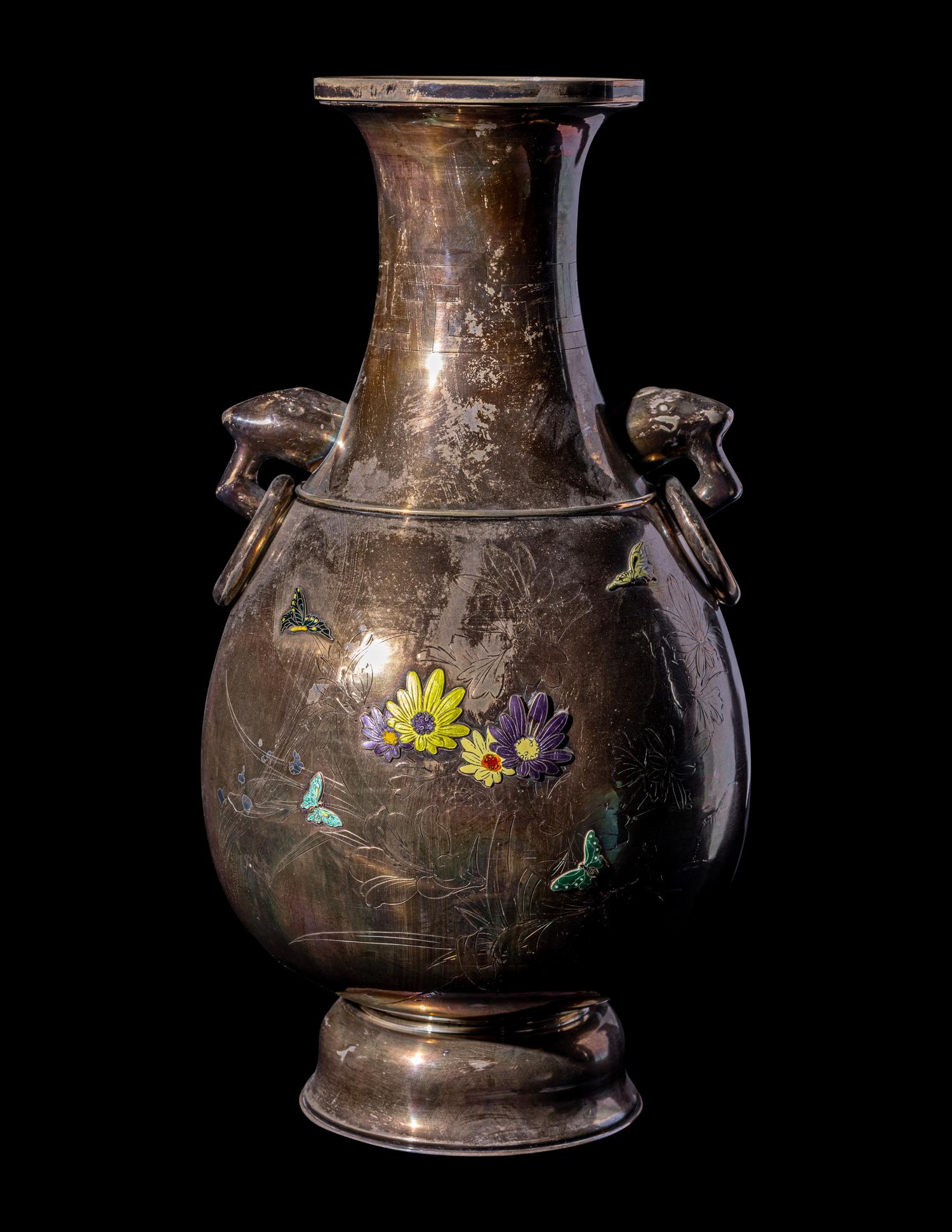 A Japanese Enamel on Silver Handled Vase