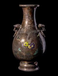 A Japanese Enamel on Silver Handled Vase