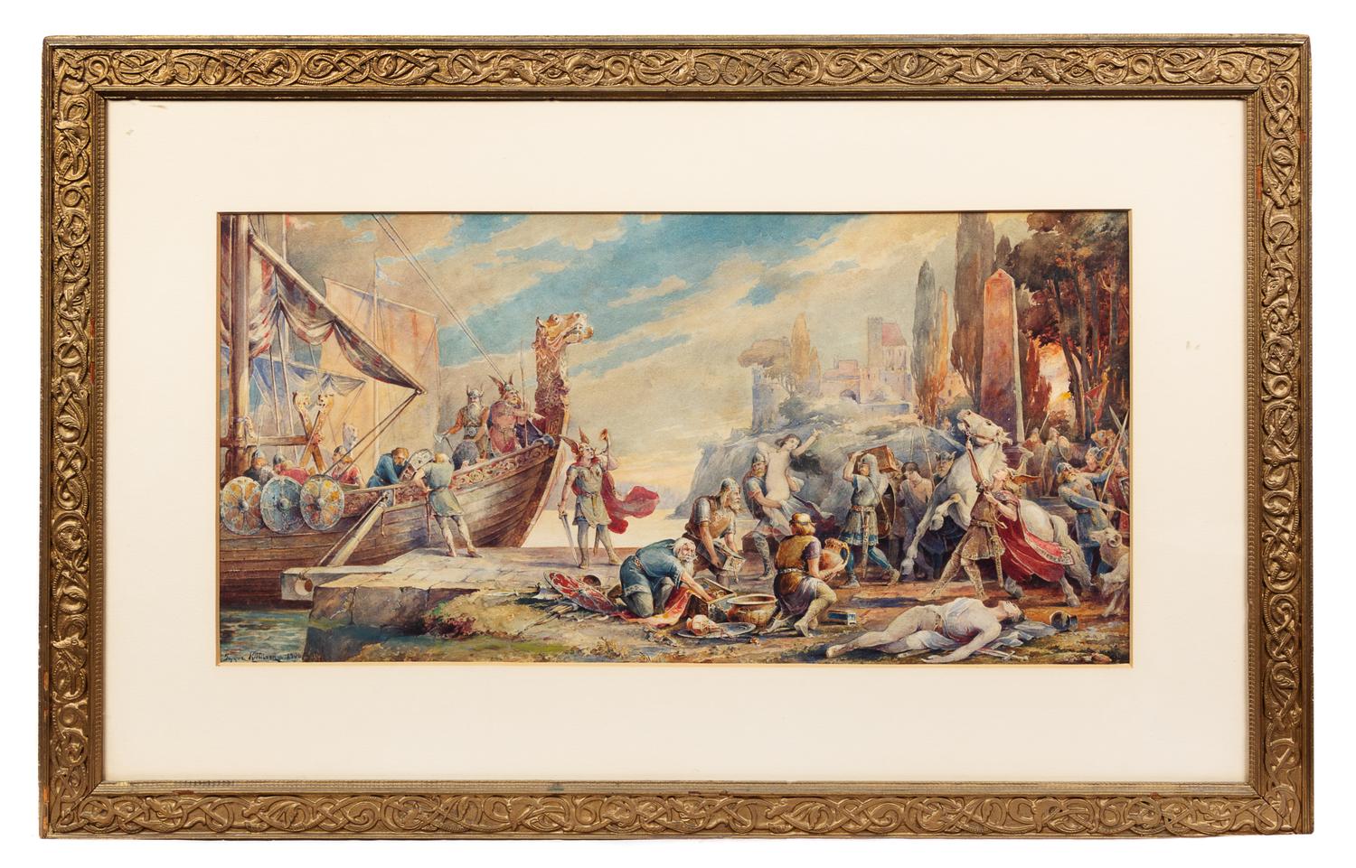 T. Kittilsen, (Early 20th Century), Viking Scene with Longboat, 1906