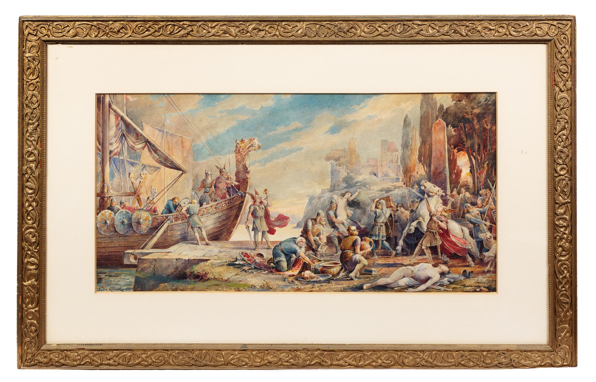 T. Kittilsen, (Early 20th Century), Viking Scene with Longboat, 1906