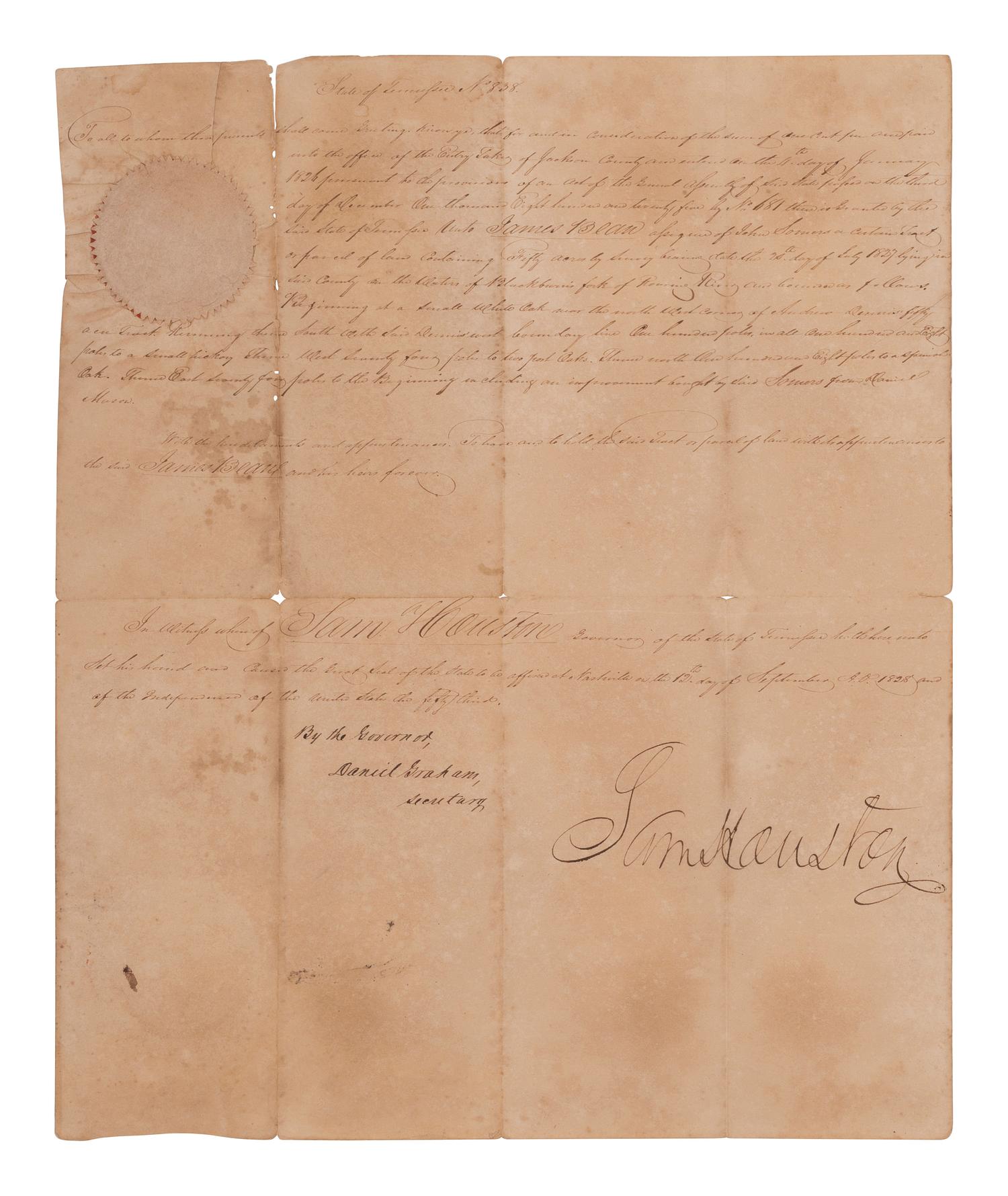 HOUSTON, Sam (1793-1863). Land grant signed ("Sam Houston"), as Governor of Tennessee. Nashville, 12 September 1828.