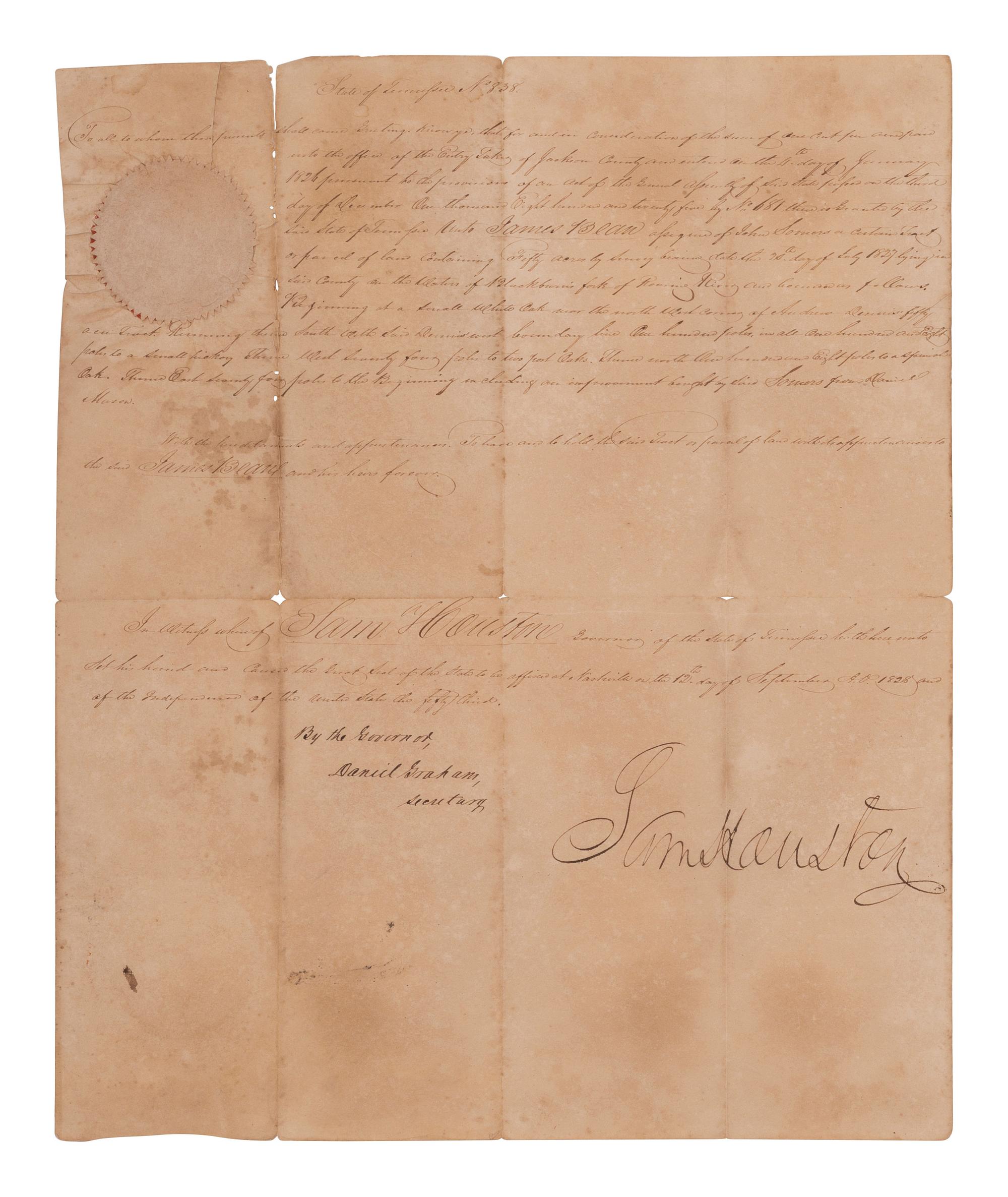 HOUSTON, Sam (1793-1863). Land grant signed ("Sam Houston"), as Governor of Tennessee. Nashville, 12 September 1828.