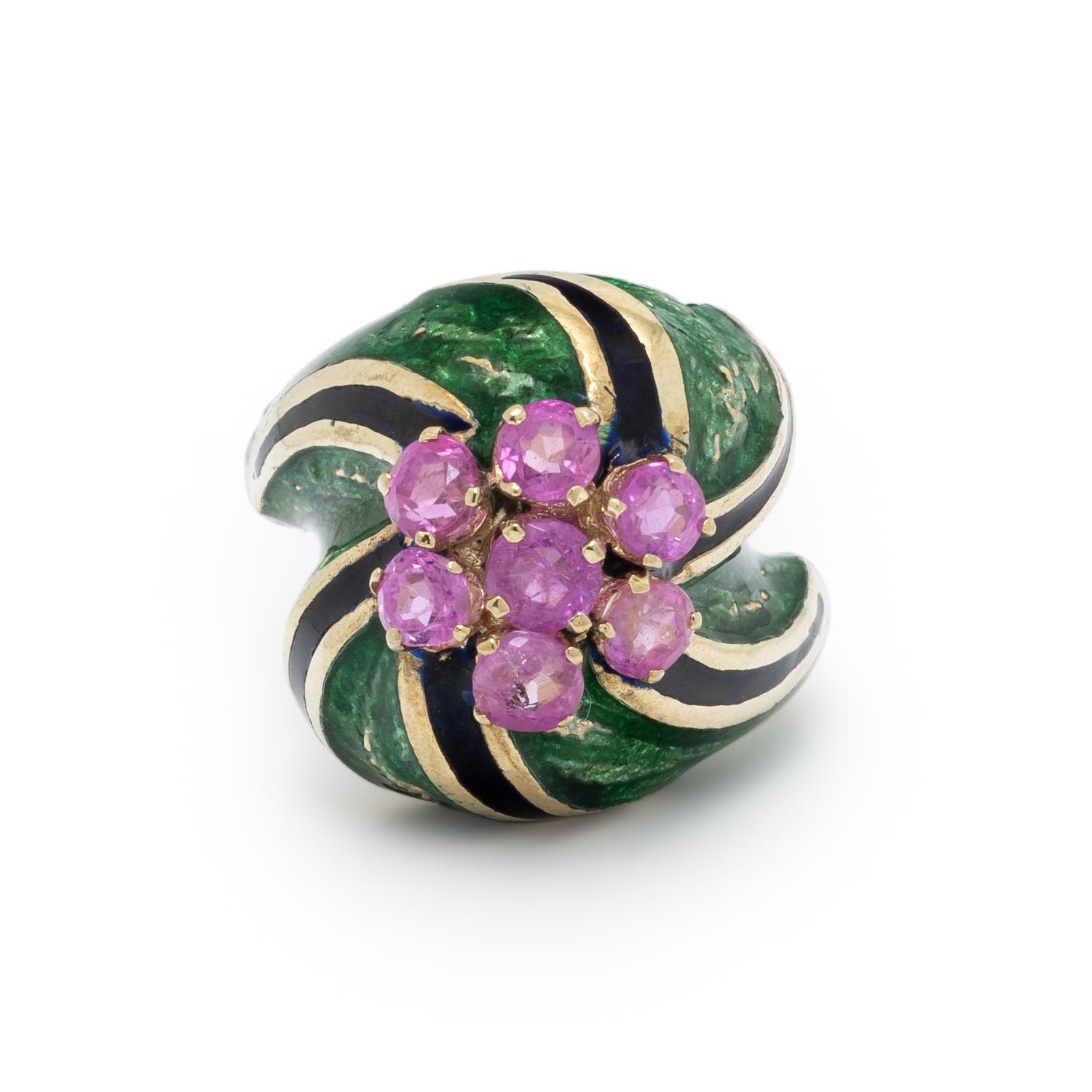 PINK SAPPHIRE, ENAMEL, AND YELLOW GOLD RING