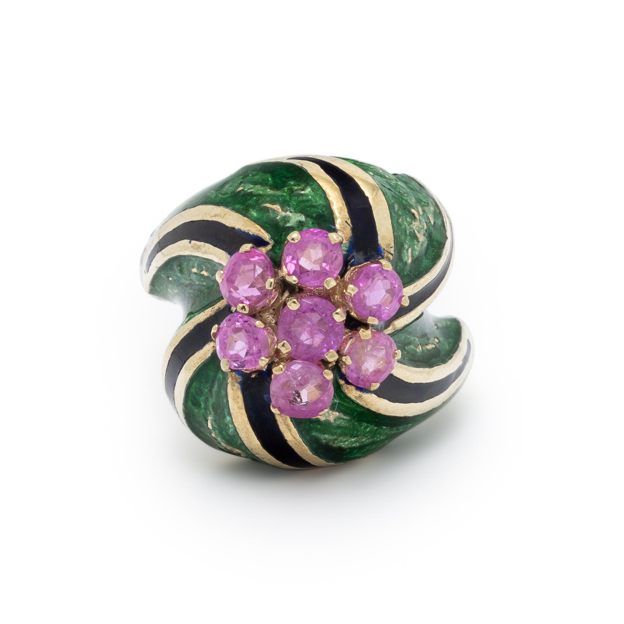PINK SAPPHIRE, ENAMEL, AND YELLOW GOLD RING