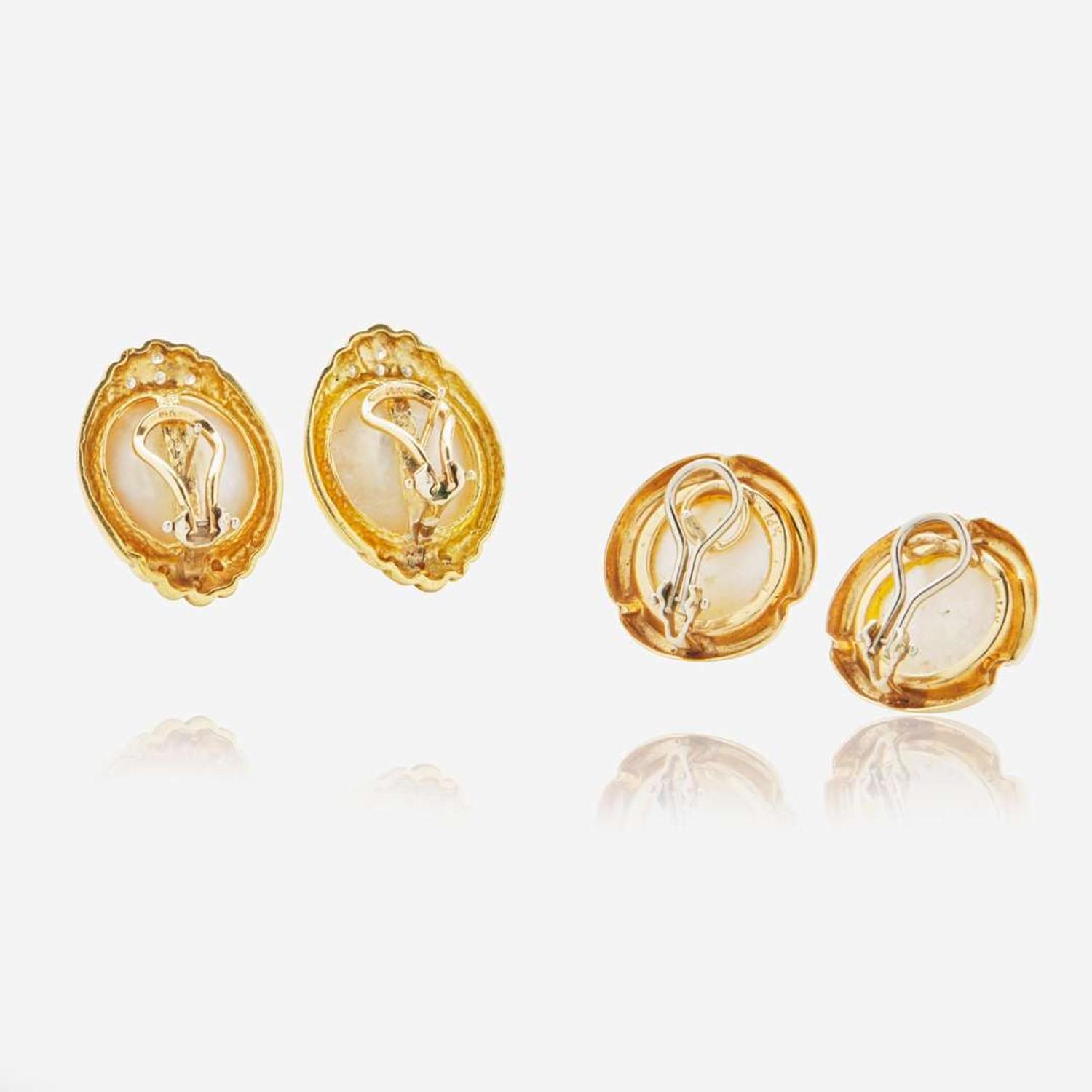 Two Pairs of 14K Yellow Gold and Pearl Earrings