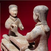 Two Chinese Painted Pottery Ladies Playing Liubo , Western Han Dynasty — 西漢 灰陶彩繪女對弈俑一組