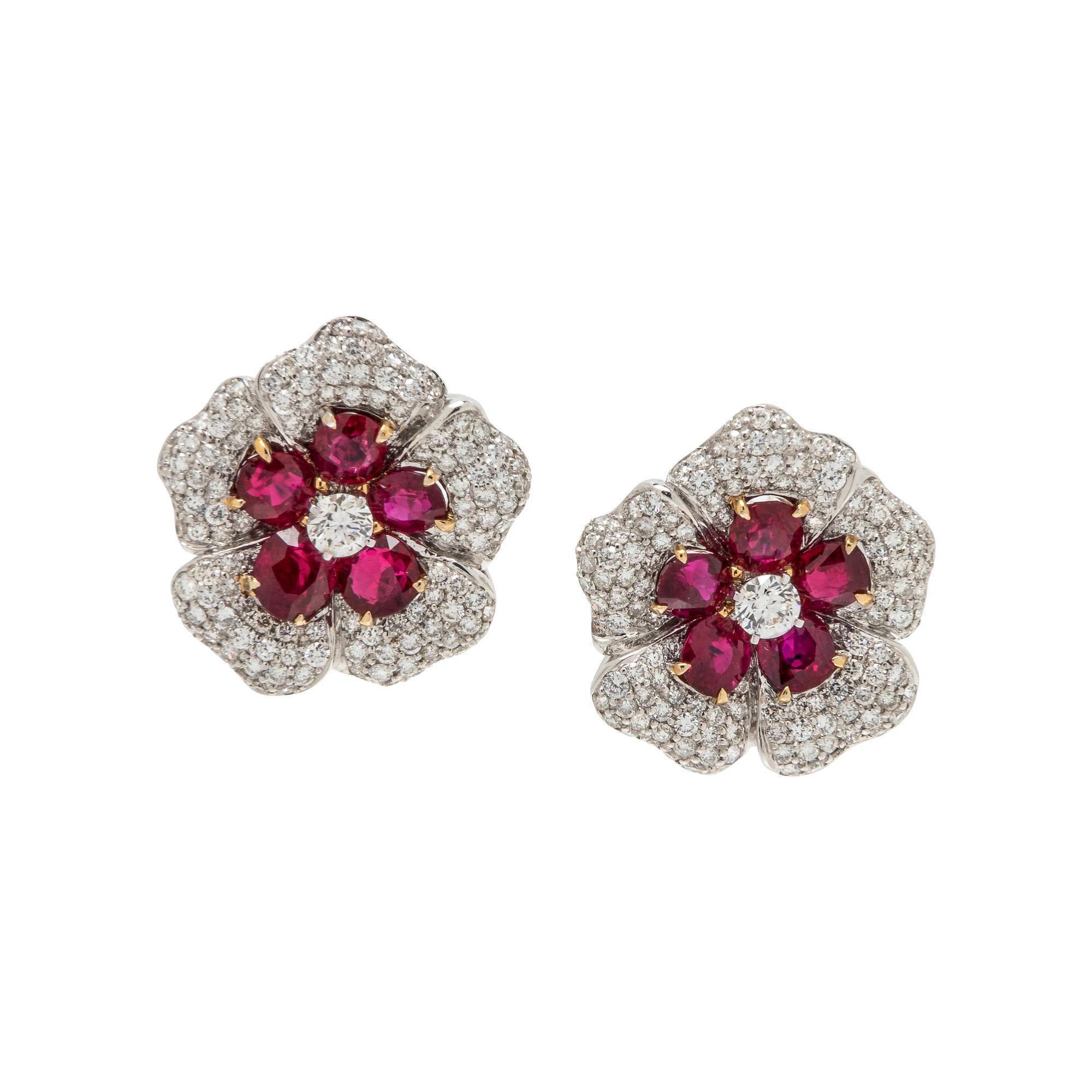 RUBY AND DIAMOND FLOWER EARCLIPS