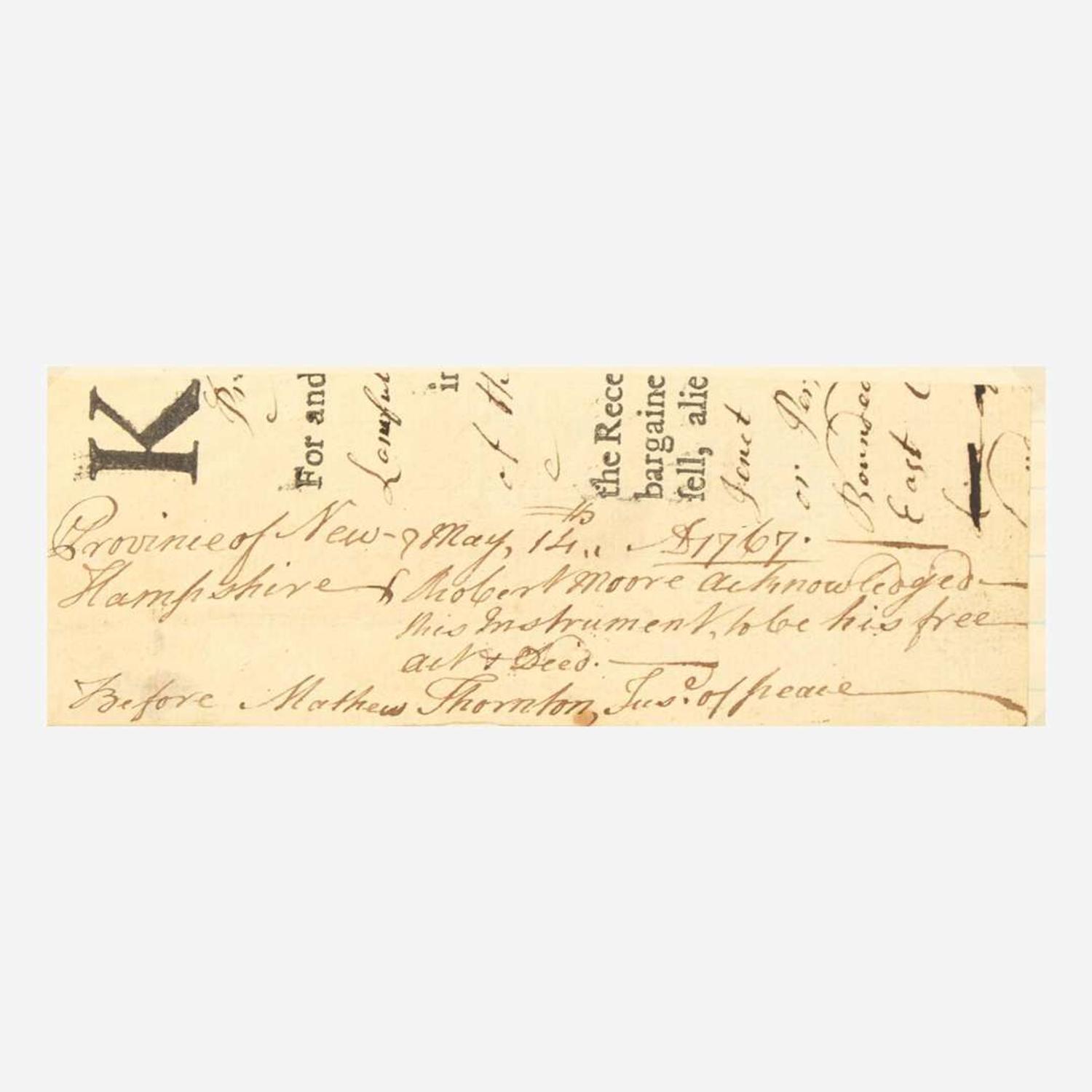 [Declaration of Independence] [New Hampshire] Thornton, Matthew Partially-Printed Fragment, signed