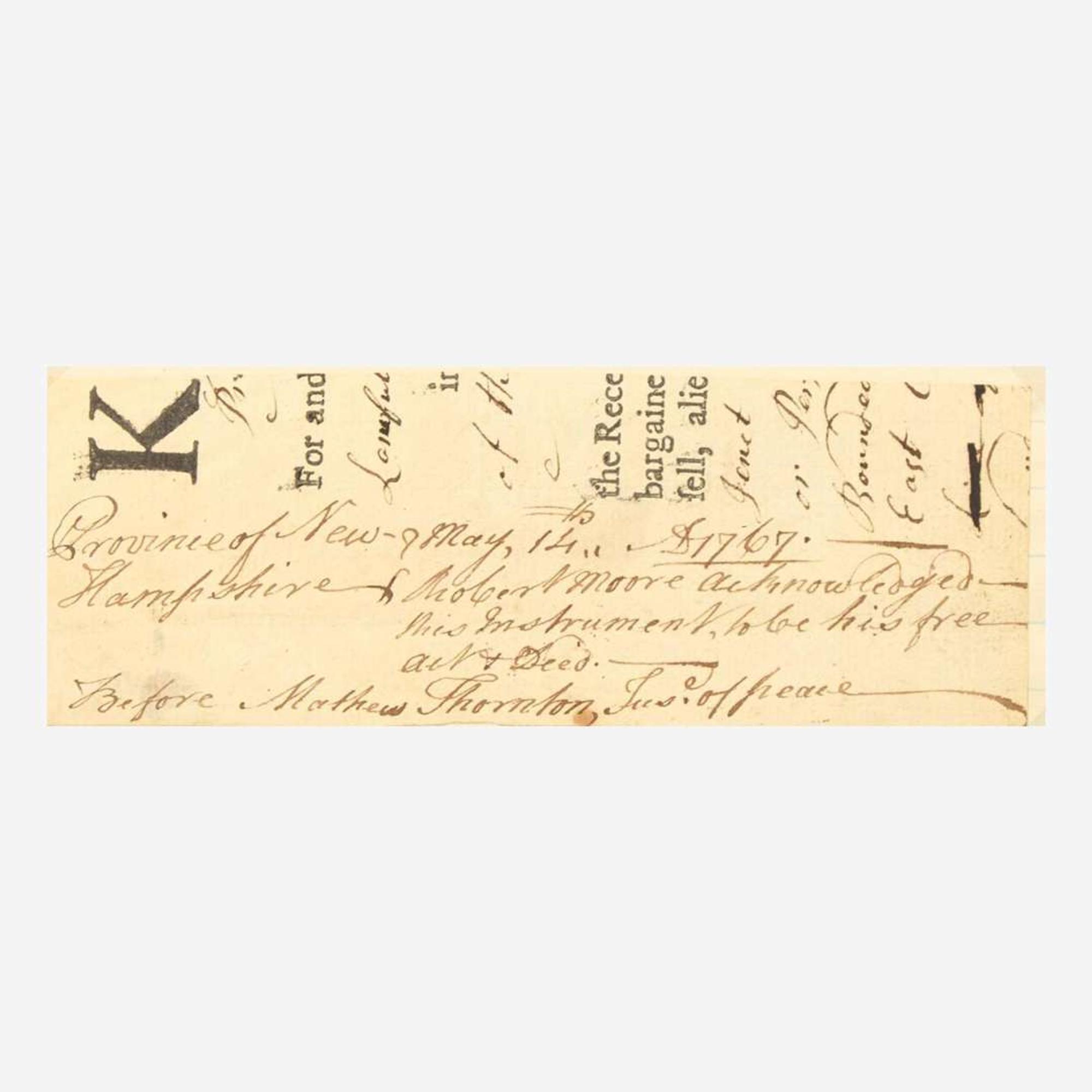 [Declaration of Independence] [New Hampshire] Thornton, Matthew Partially-Printed Fragment, signed