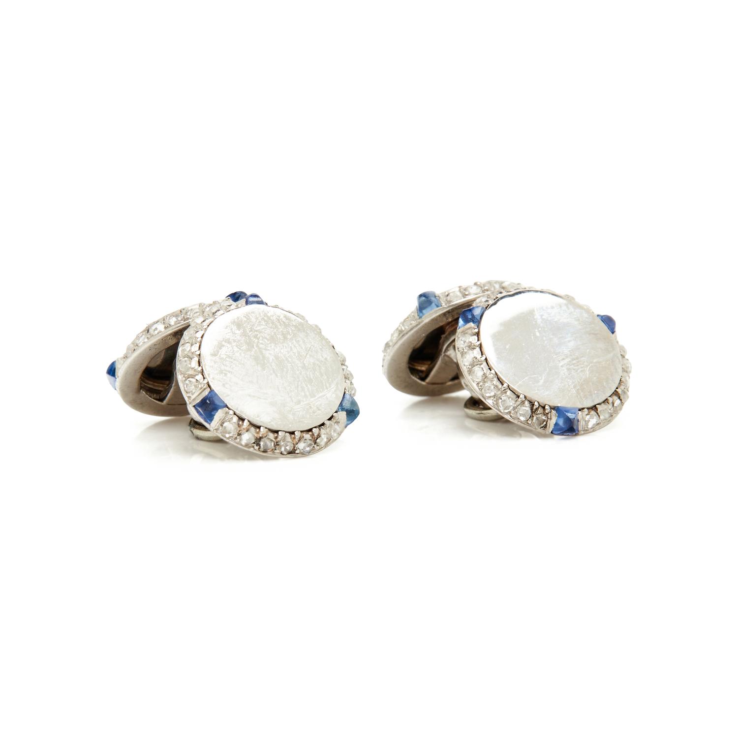 CARTIER, ART DECO, PLATINUM, SAPPHIRE AND DIAMOND CUFFLINKS
