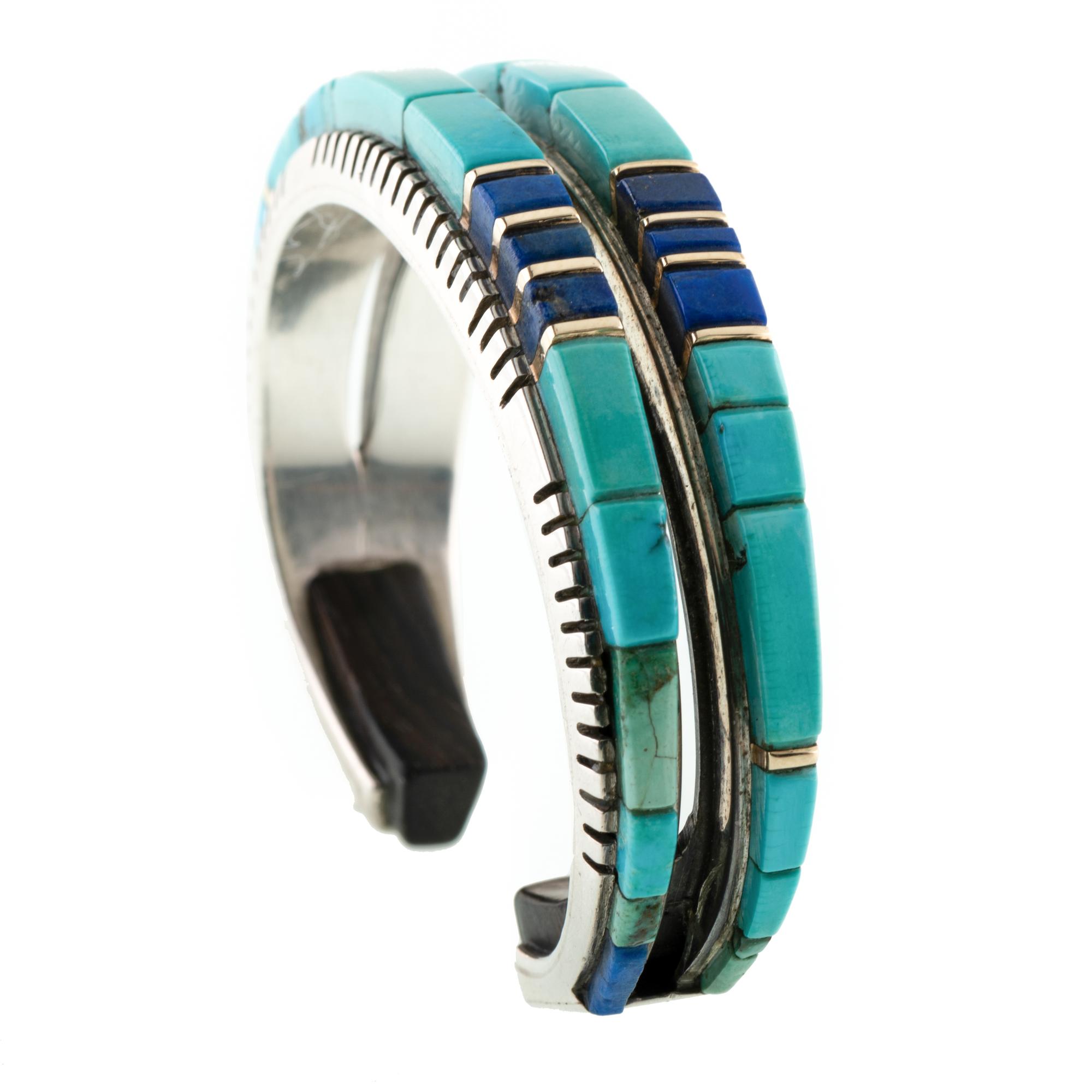 Silver, Turquoise, Ironwood, and Lapis Cuff Bracelet, with Gold Accents Lot is located and will ship from Denver, Colorado.