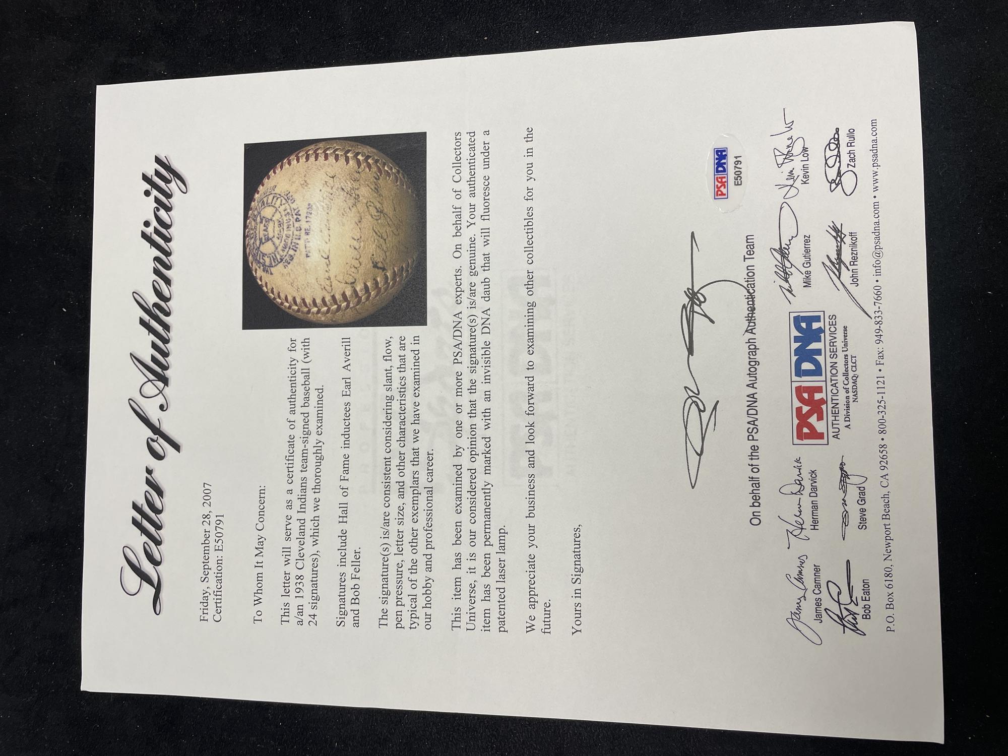 A 1938 Cleveland Indians Team Signed Autograph Baseball (PSA Letter of Authenticity)