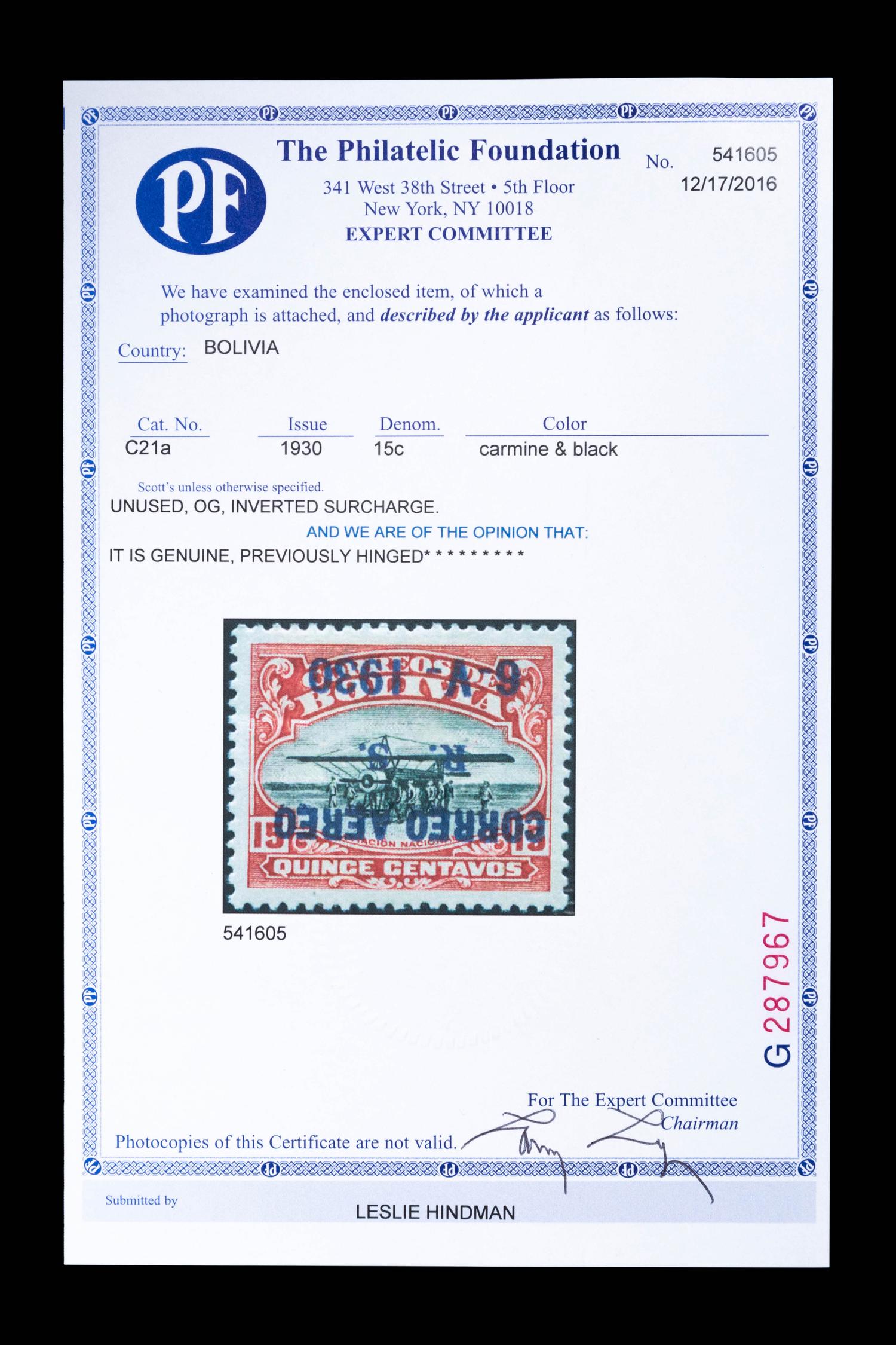 [SURCHARGE ERROR] BOLIVIA. Airmail. 1930. 15c. Carmine & Black with Violet Surcharge, (#C21a), Inverted Surcharge
