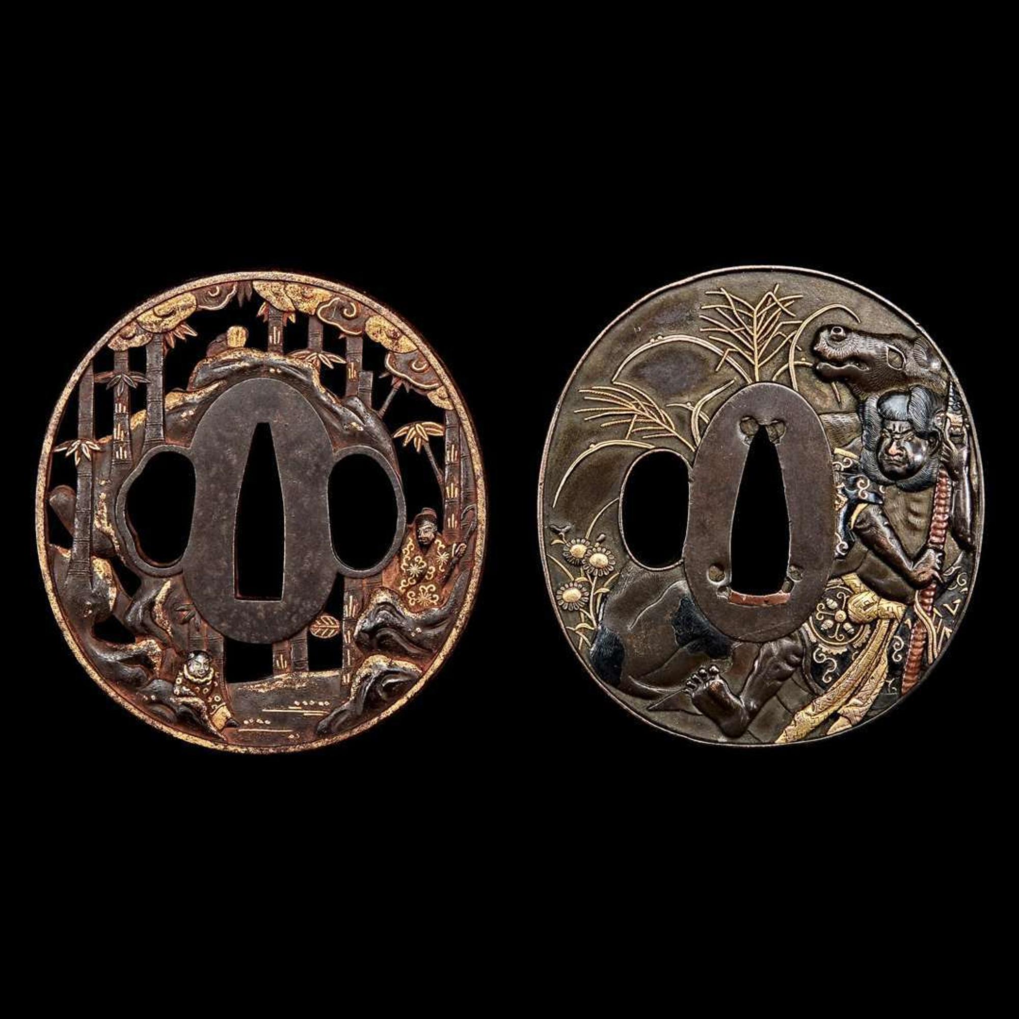 A Japanese gold-inlaid iron tsuba and a mixed-metal tsuba 日本嵌金刀镡以及混合金属刀镡各一件 Edo-early Meiji period ???????