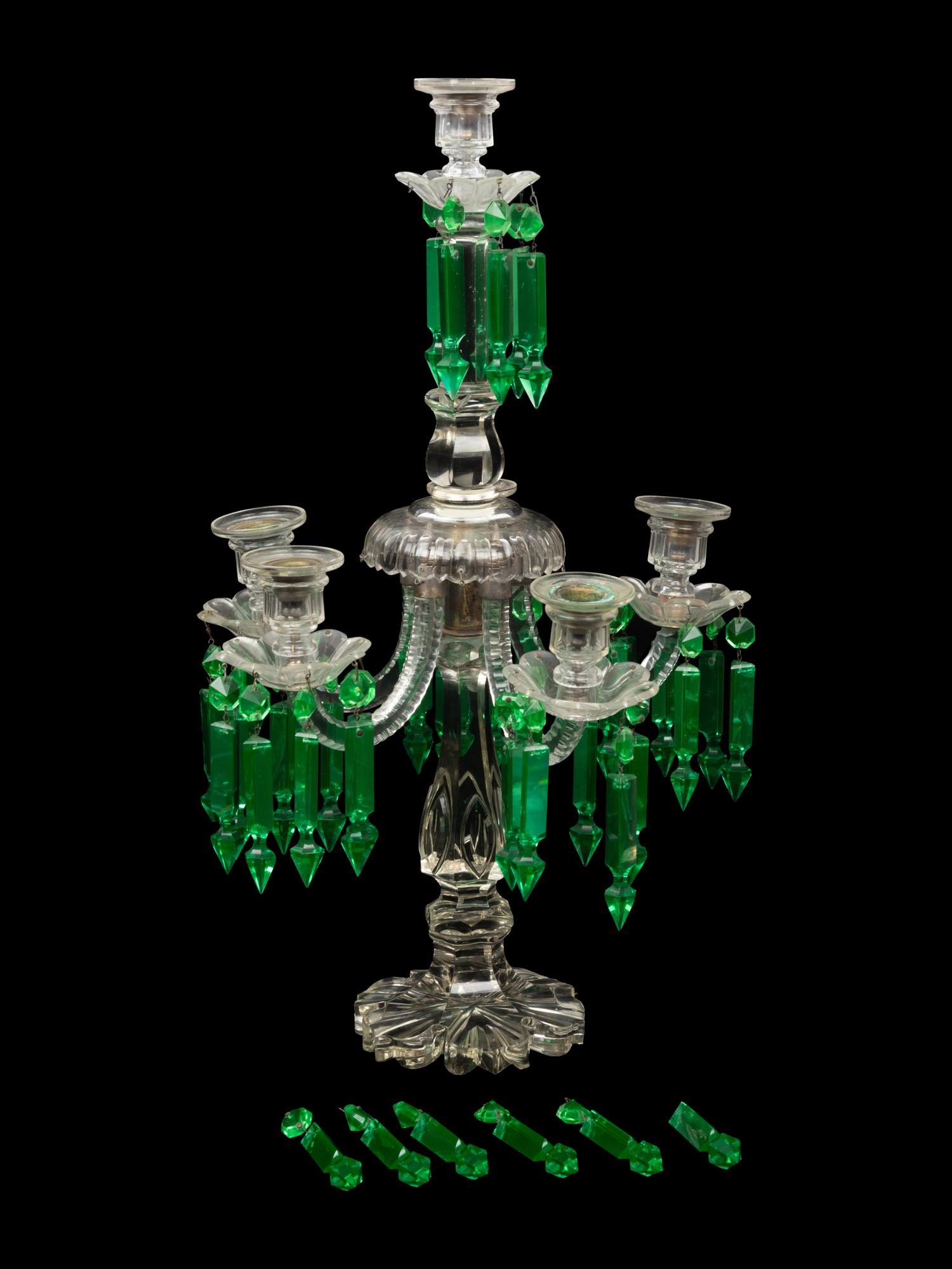 An Irish Cut and Colored Glass Six-Light Candelabrum and an American Silver-Plate Etched and Cut Glass Hurricane Lamp