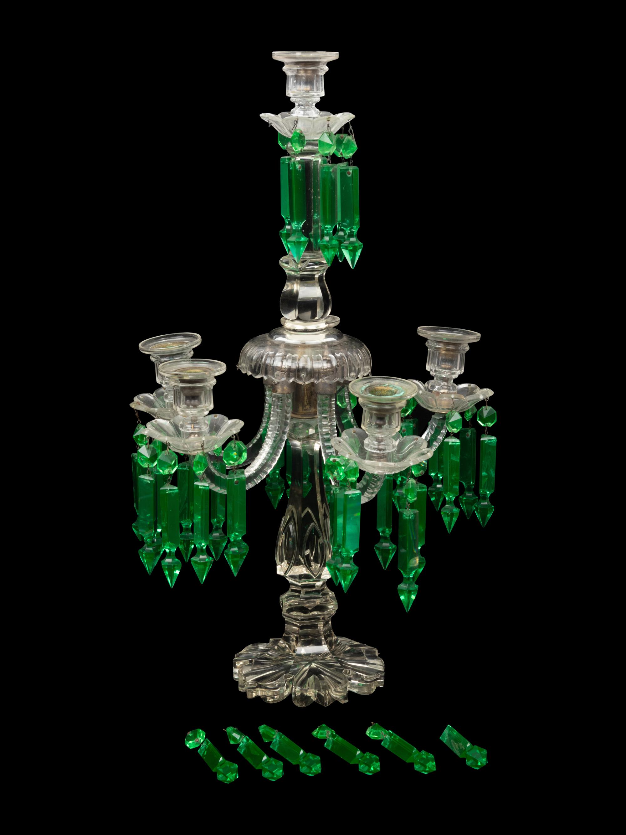 An Irish Cut and Colored Glass Six-Light Candelabrum and an American Silver-Plate Etched and Cut Glass Hurricane Lamp