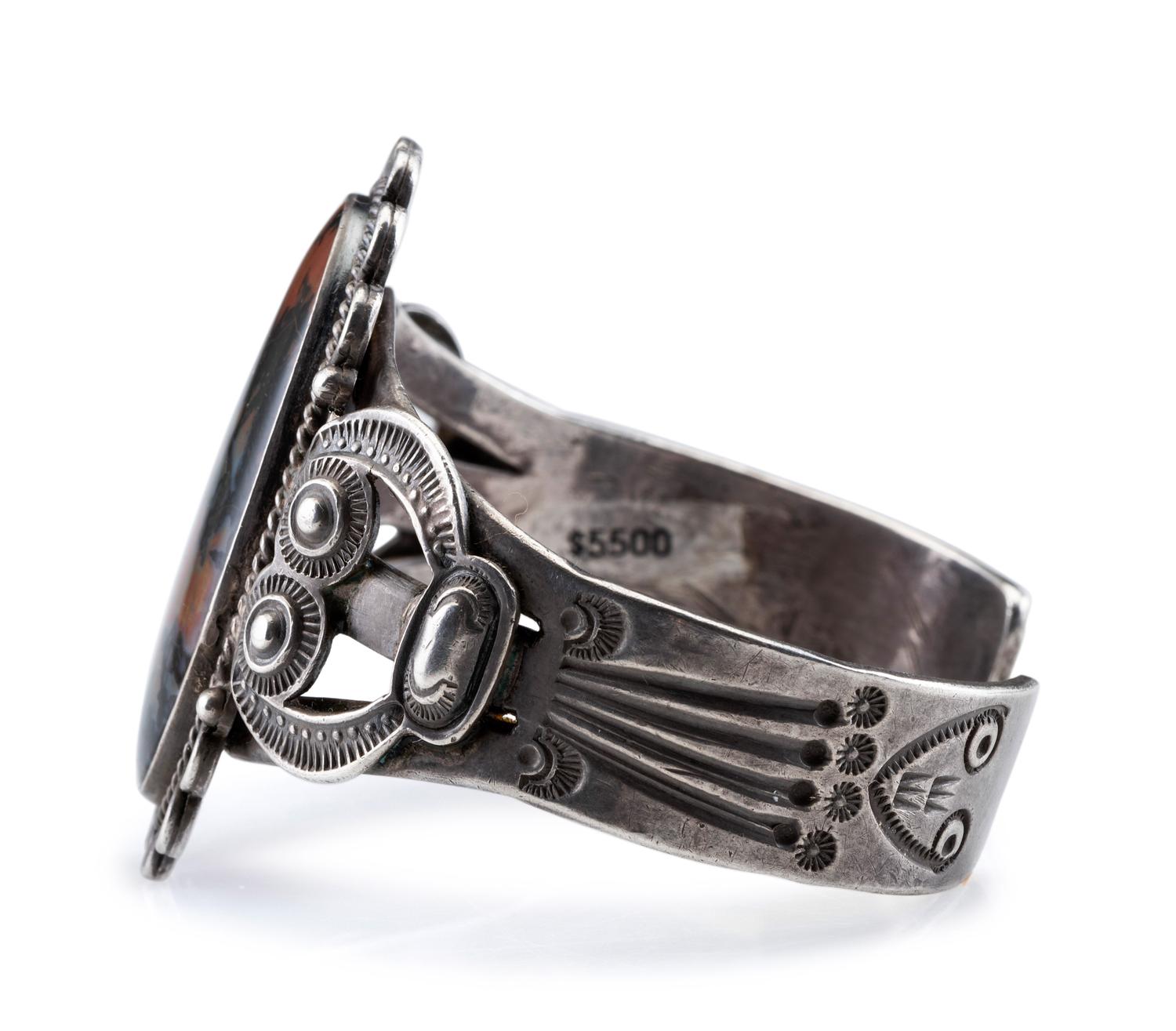 Heavily Stamped Split Shank Cuff, with Petrified Wood Cabochon