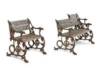 A Group of Coalbrookdale Painted Wood and Iron Garden Benches