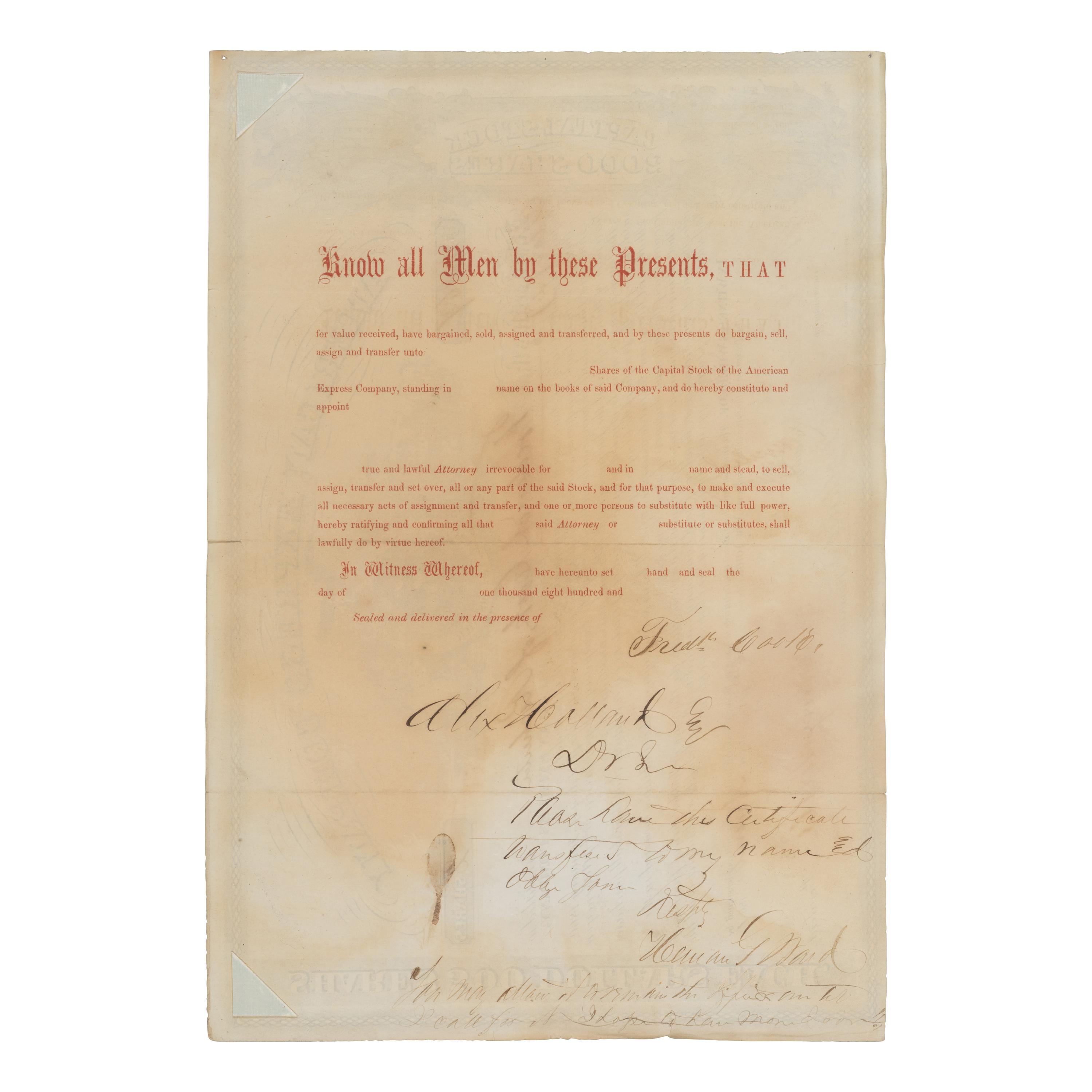 Wells, Henry (1805-1878) and William Fargo (1818-1881). Partly printed document signed ("Wm. Fargo") and ("Henry Wells"), New York, 30 November 1861.