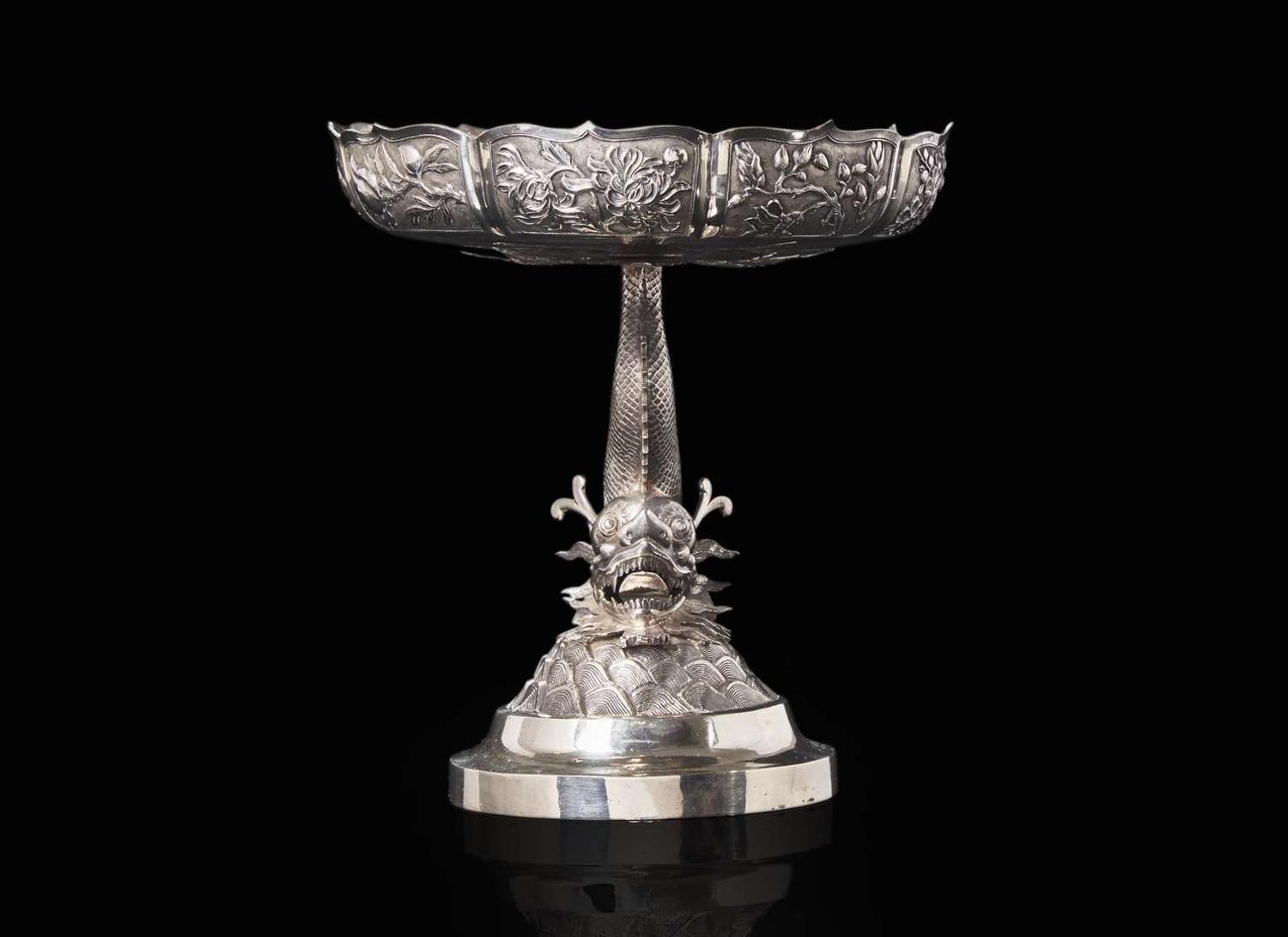 A Chinese export silver "Dragon-fish" tazza, circa 1900-1910