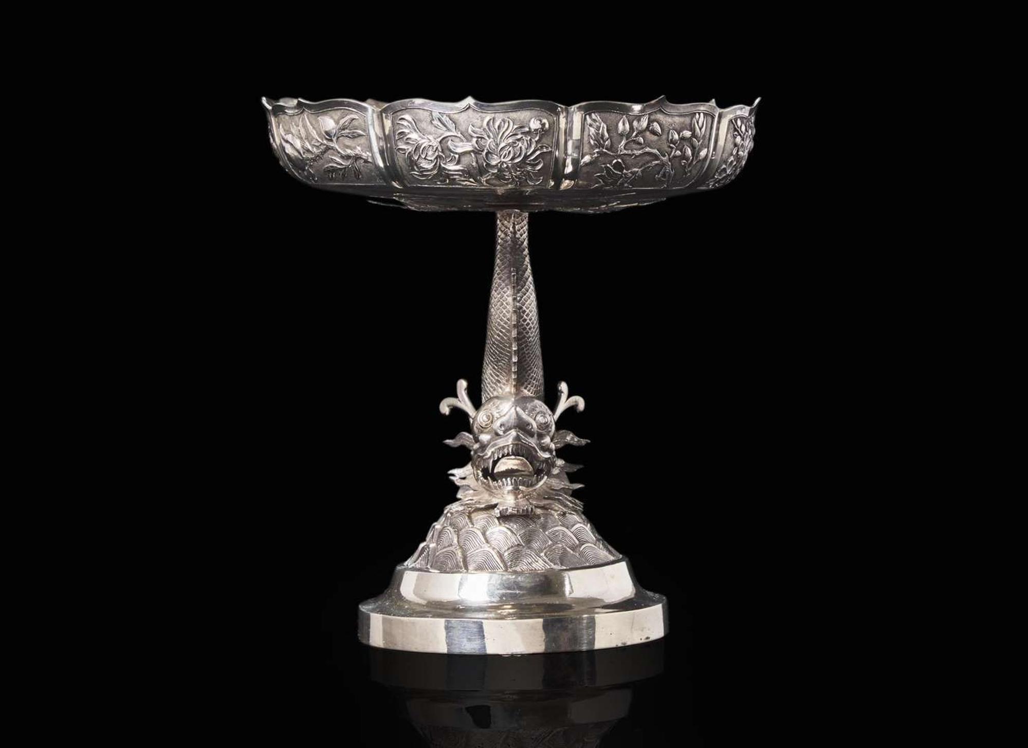 A Chinese export silver "Dragon-fish" tazza, circa 1900-1910