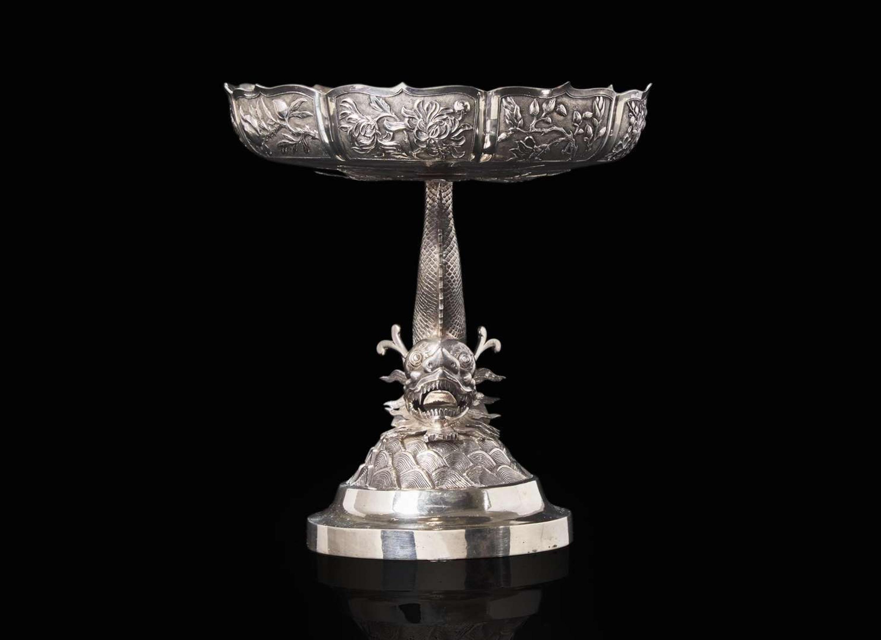 A Chinese export silver "Dragon-fish" tazza, circa 1900-1910