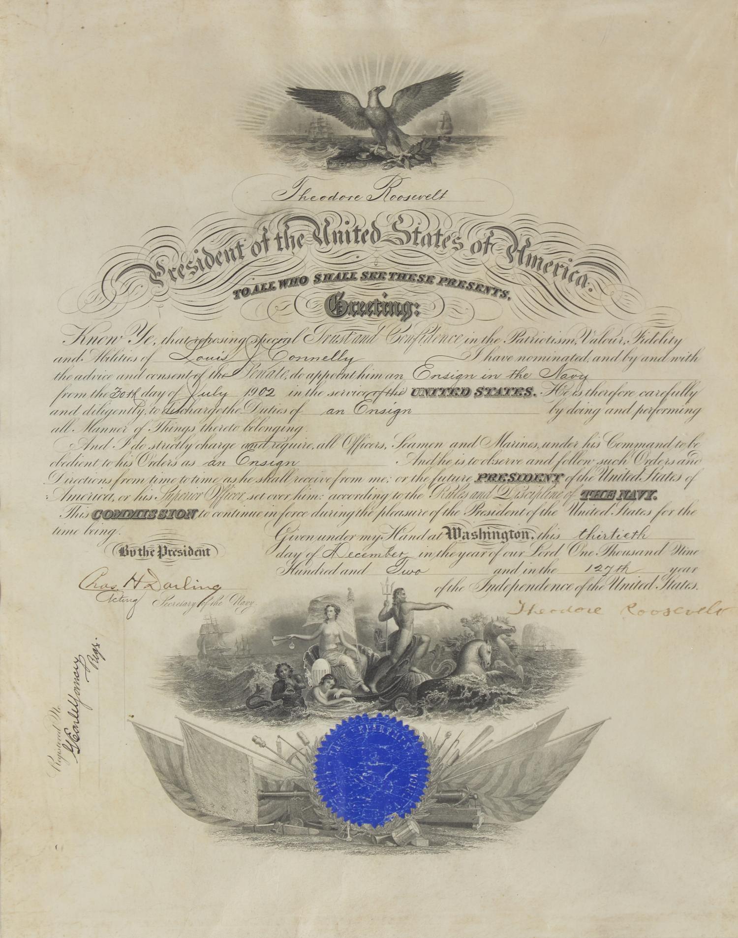 [Presidential] Roosevelt, Theodore. Signed Military Commission