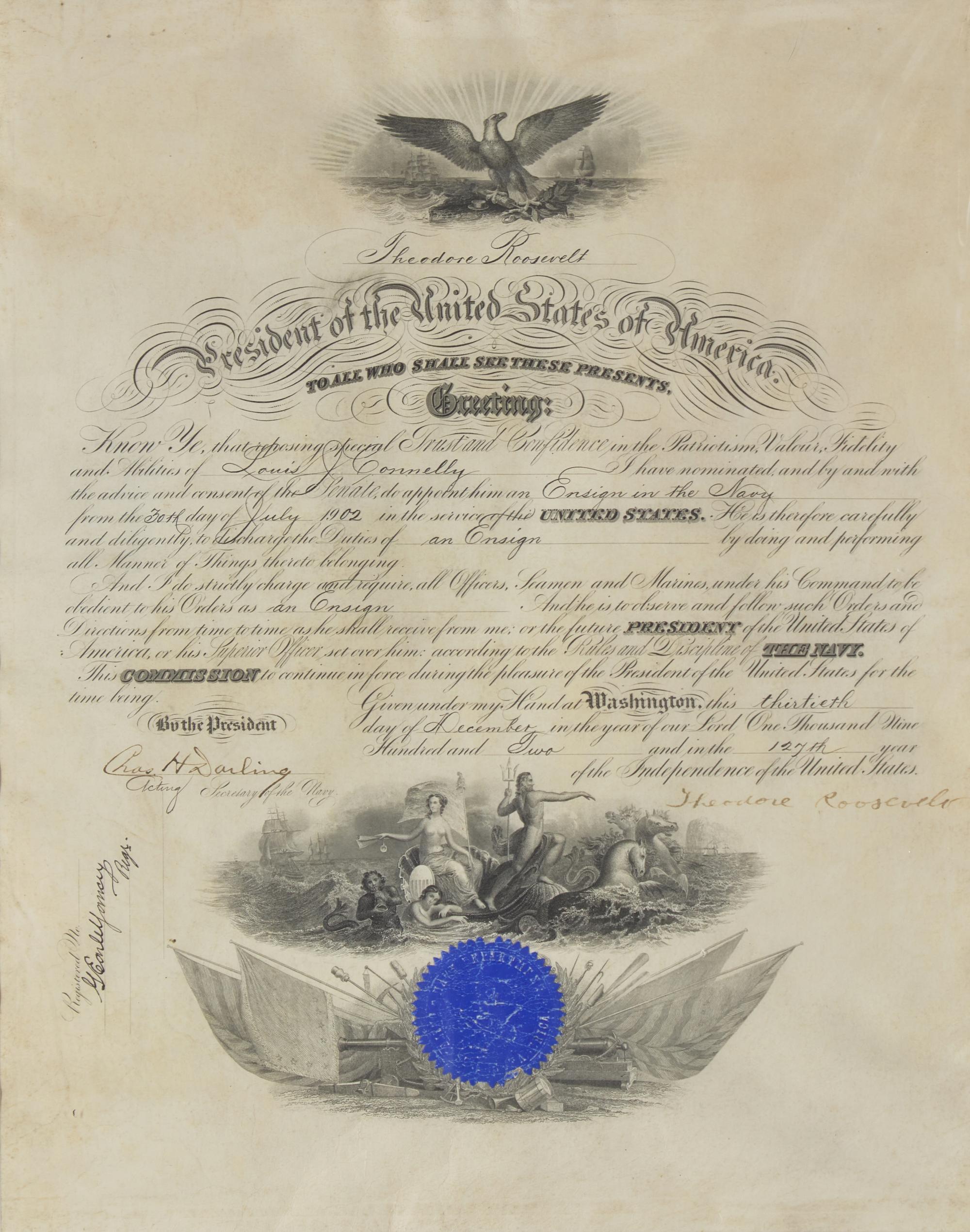 [Presidential] Roosevelt, Theodore. Signed Military Commission