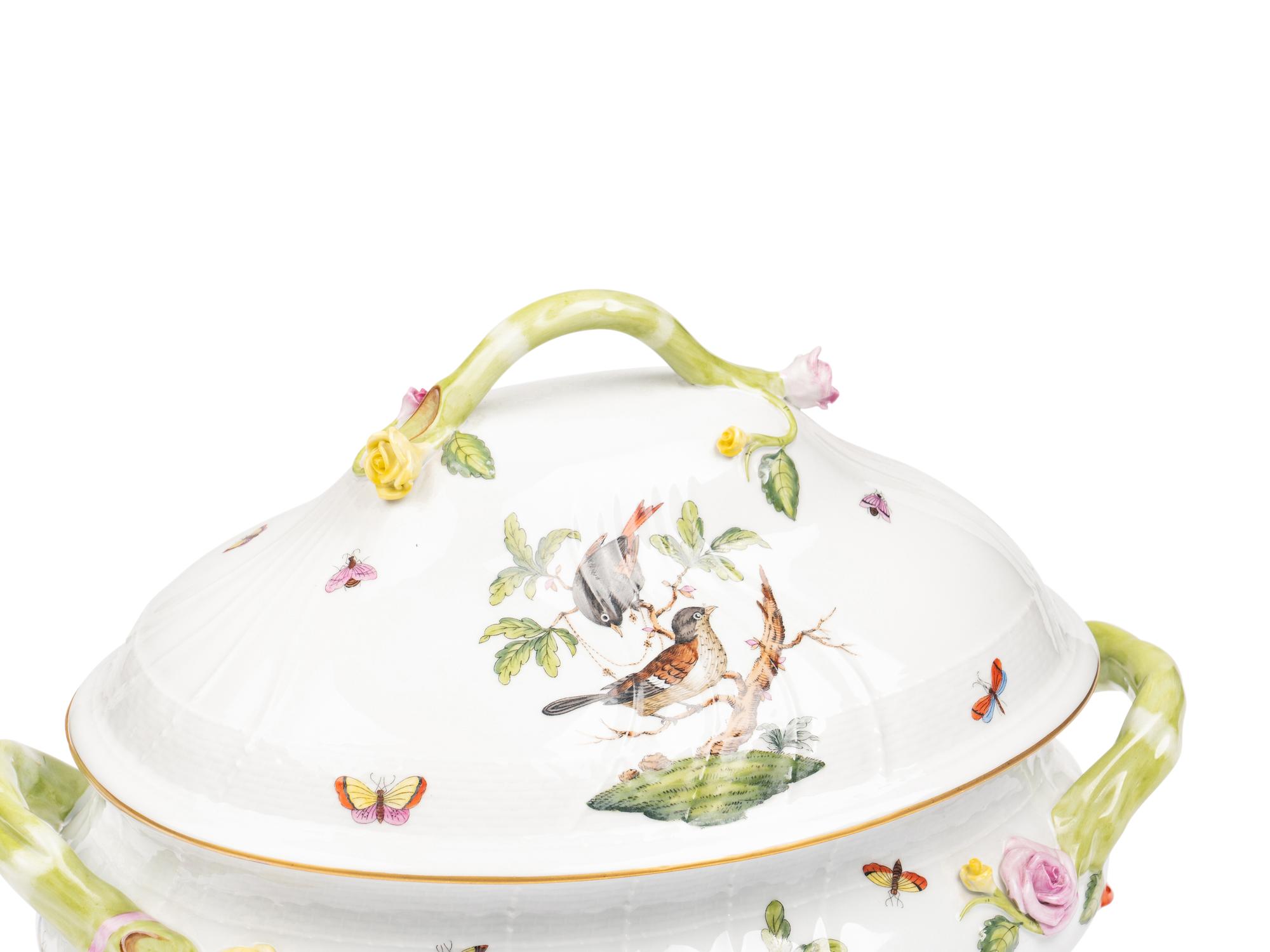 A Herend Rothschild Bird Porcelain Tureen and Covered Vegetable Dish